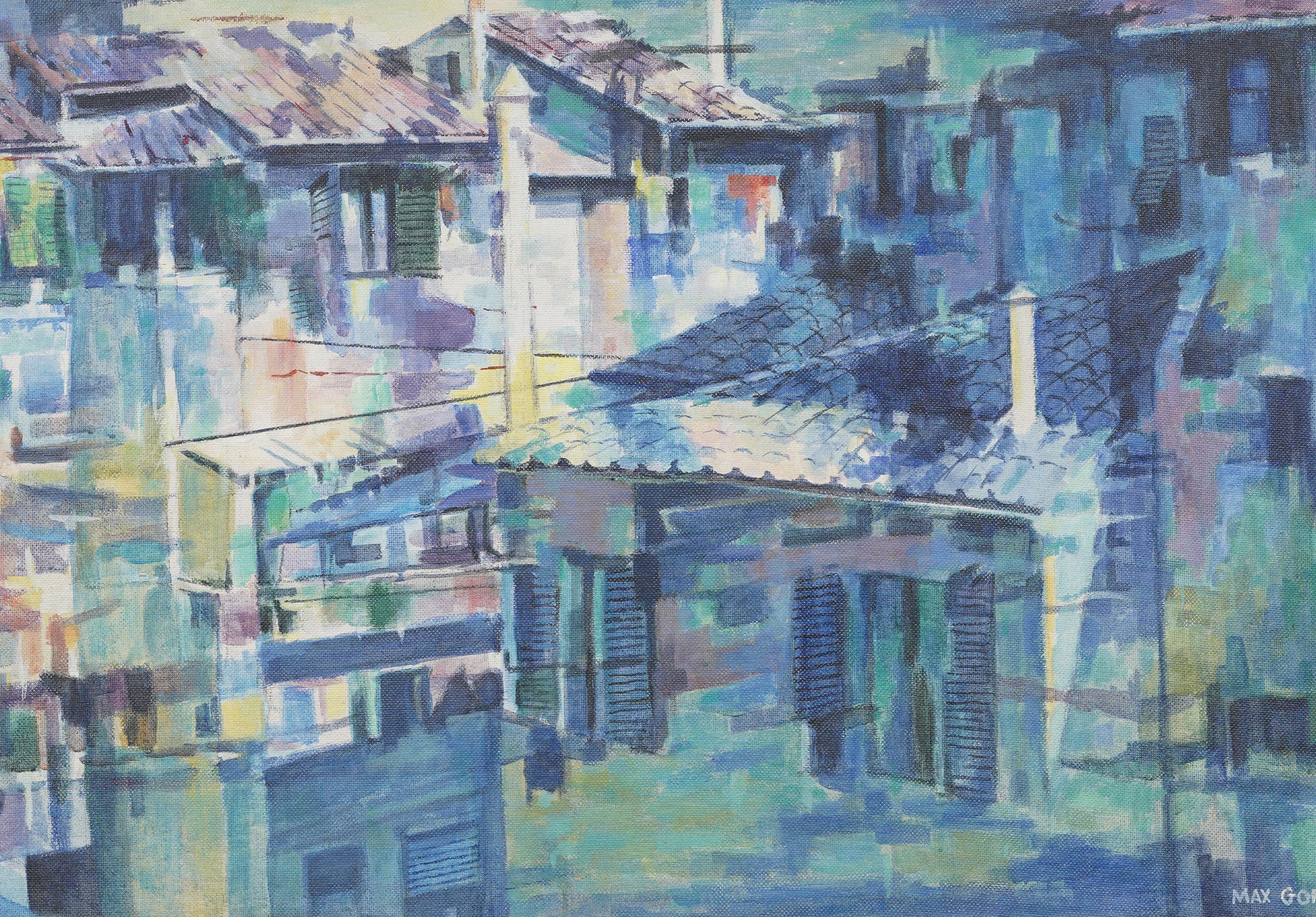 Large American Modernist Abstract Architectural Framed Original Oil Painting For Sale 2