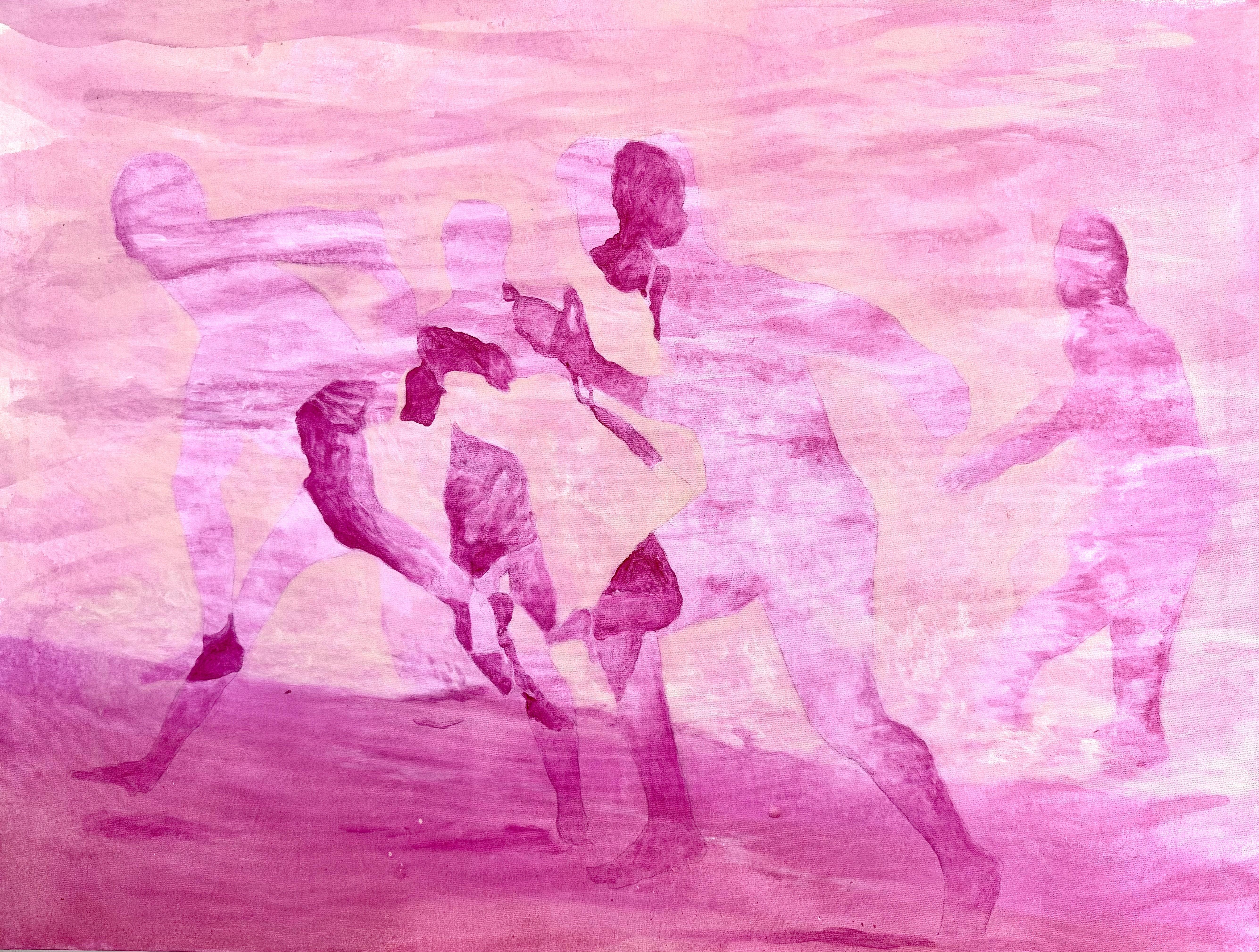 As Gottlieb draws heavily from his work and experience in film, this artwork captures a fleeting moment of human joy at the ocean’s edge — children at play, bodies suspended, superimposed in mid-motion. Washed in a magenta shift that evokes the