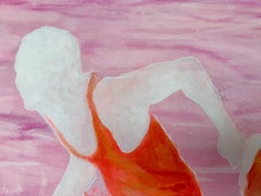 Large Pink Ethereal Seaside Abstract Figurative Painting "Shore Runners"