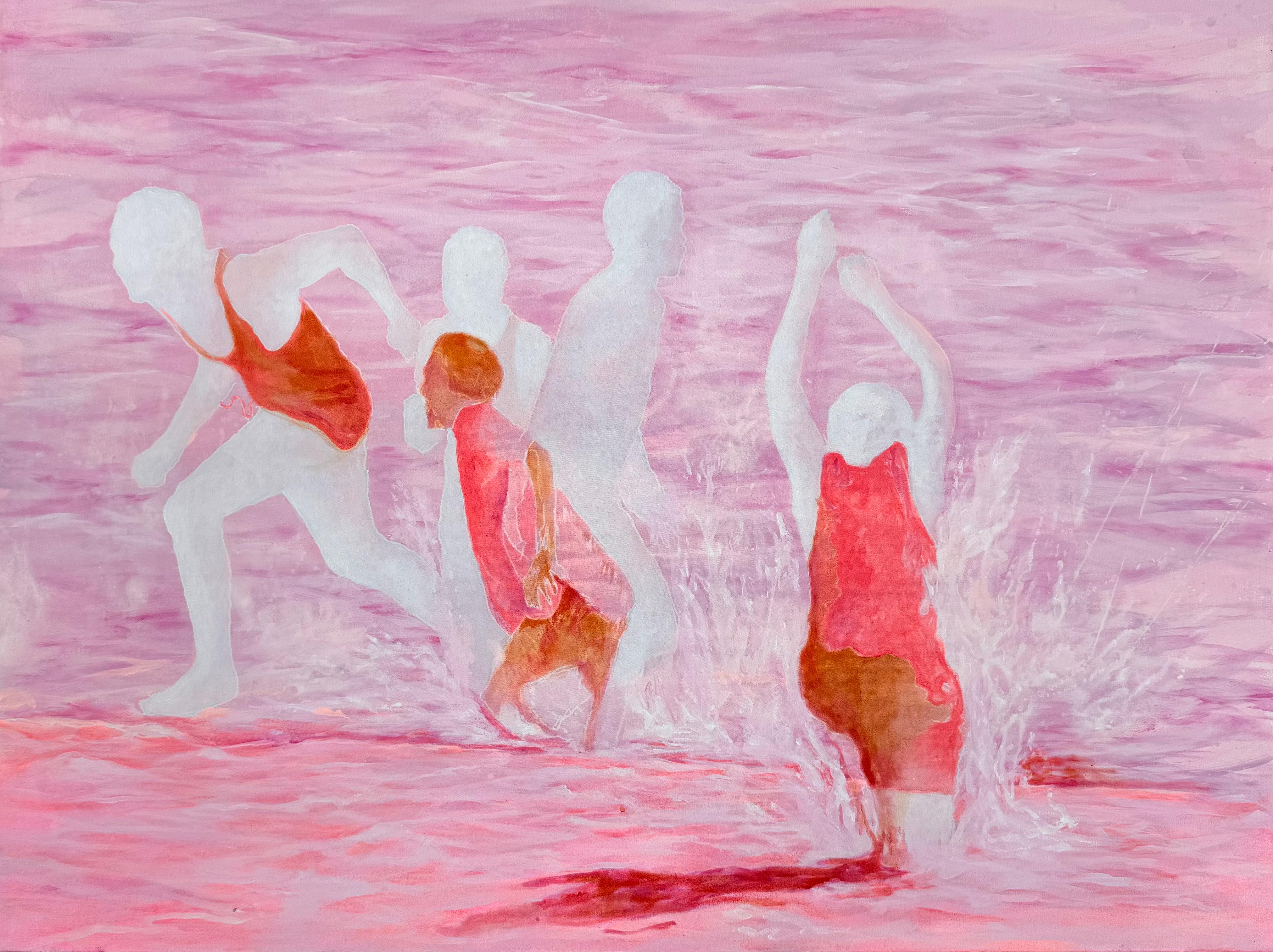 Max Gottlieb Figurative Painting – Große rosa ätherische Seaside abstrakte figurative Malerei "Shore Runners"