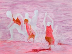Large Pink Ethereal Seaside Abstract Figurative Painting "Shore Runners"