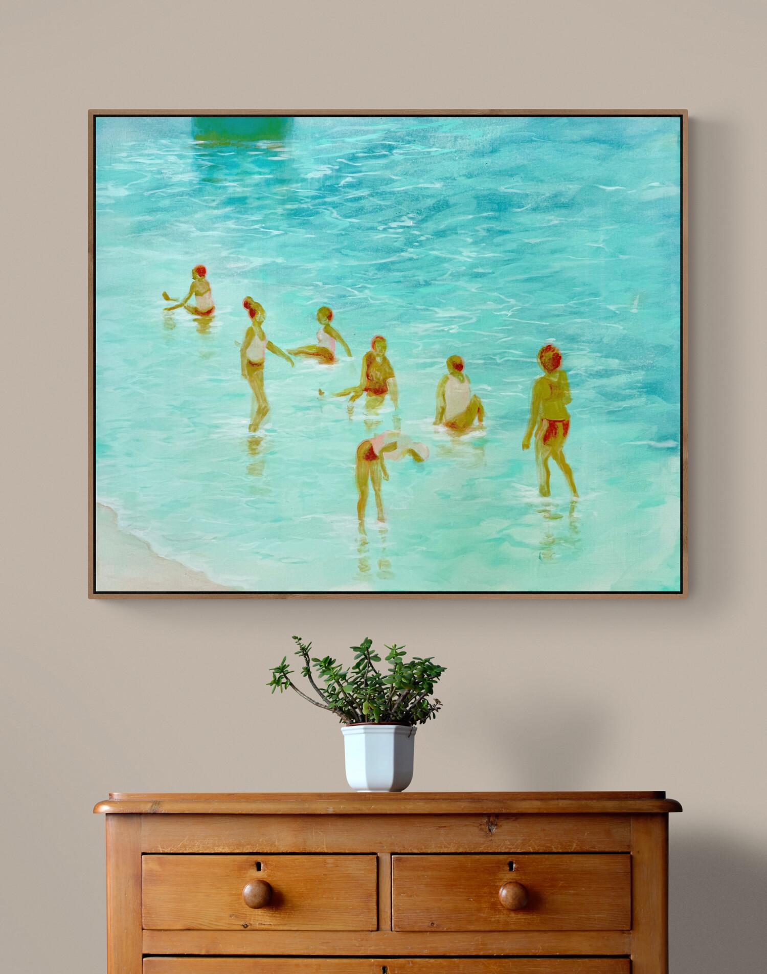 Large Soft Blue Green Ethereal Seaside Figurative Painting 