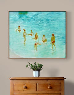 Grande dipinto figurativo blu, verde, etereo, in riva al mare, "Tempo di sciabordio".