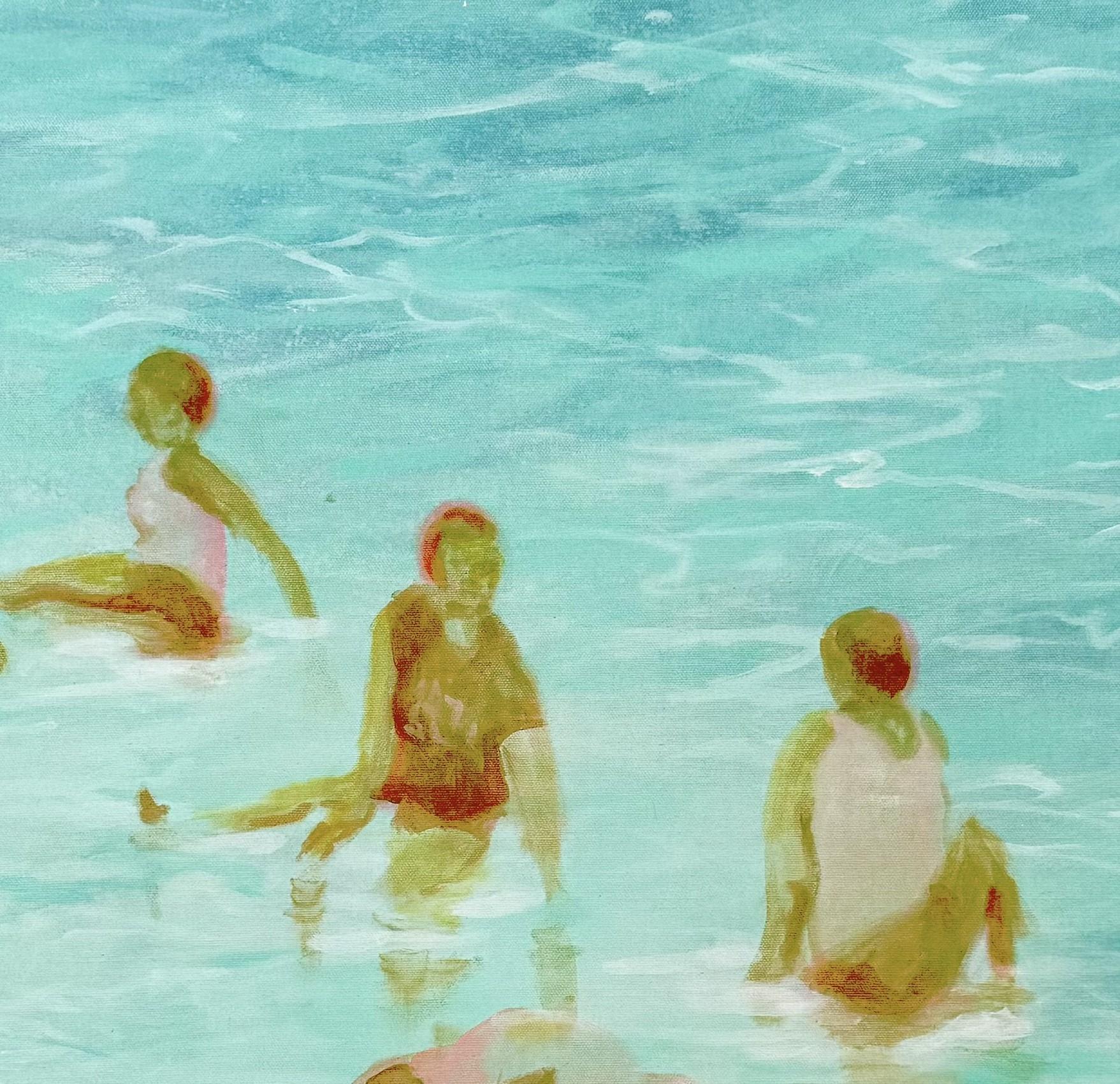 Large Soft Blue Green Ethereal Seaside Figurative Painting 