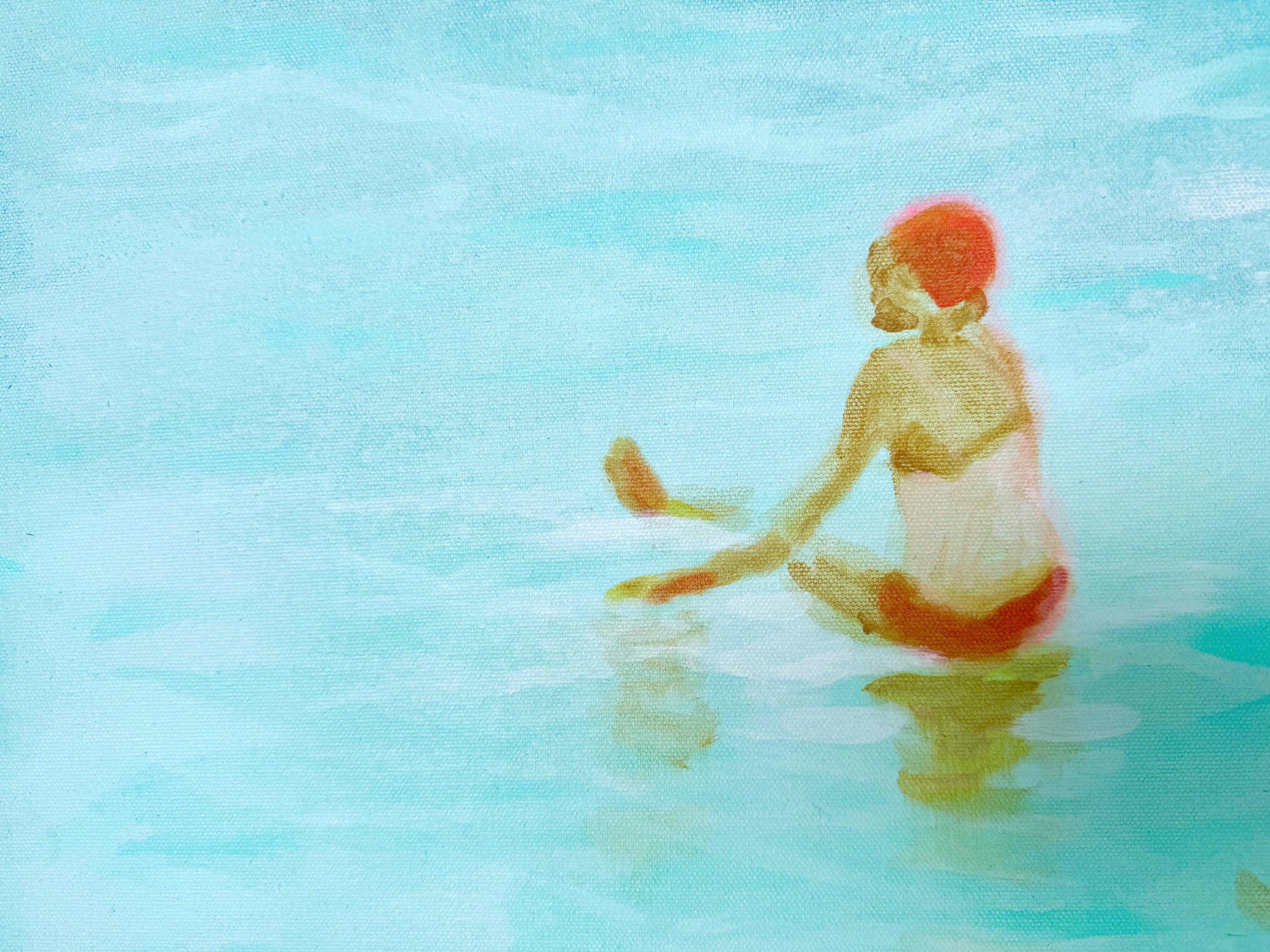 Large Soft Blue Green Ethereal Seaside Figurative Painting 