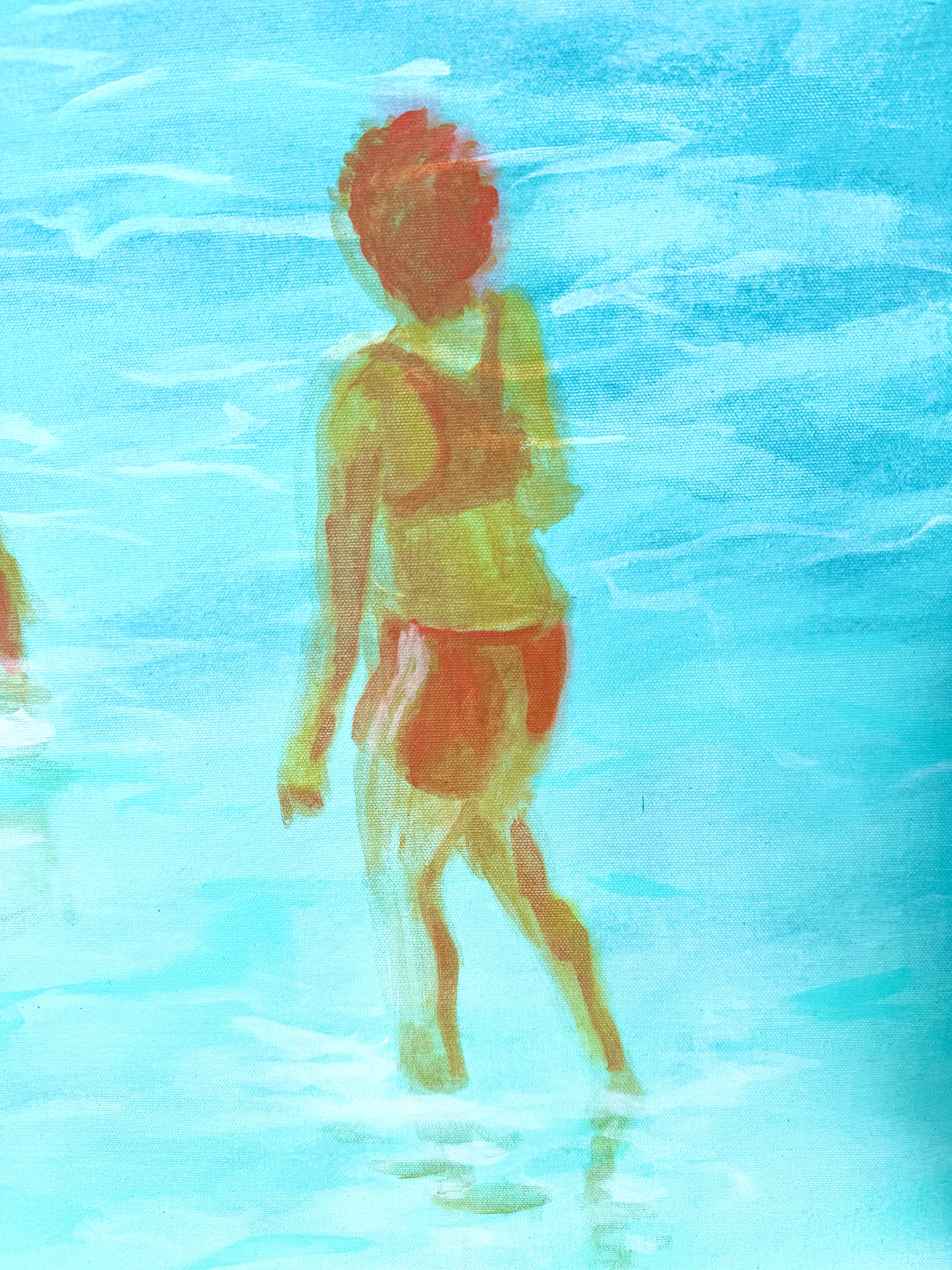 Large Soft Blue Green Ethereal Seaside Figurative Painting 
