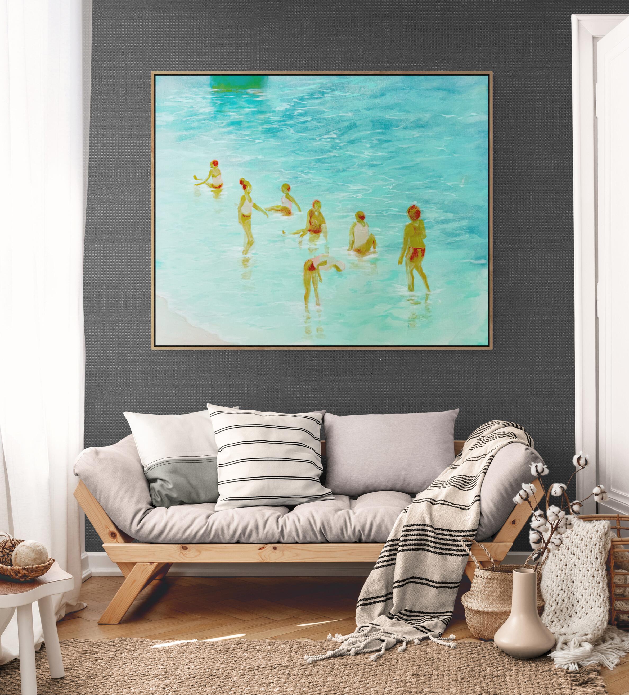 Large Soft Blue Green Ethereal Seaside Figurative Painting 