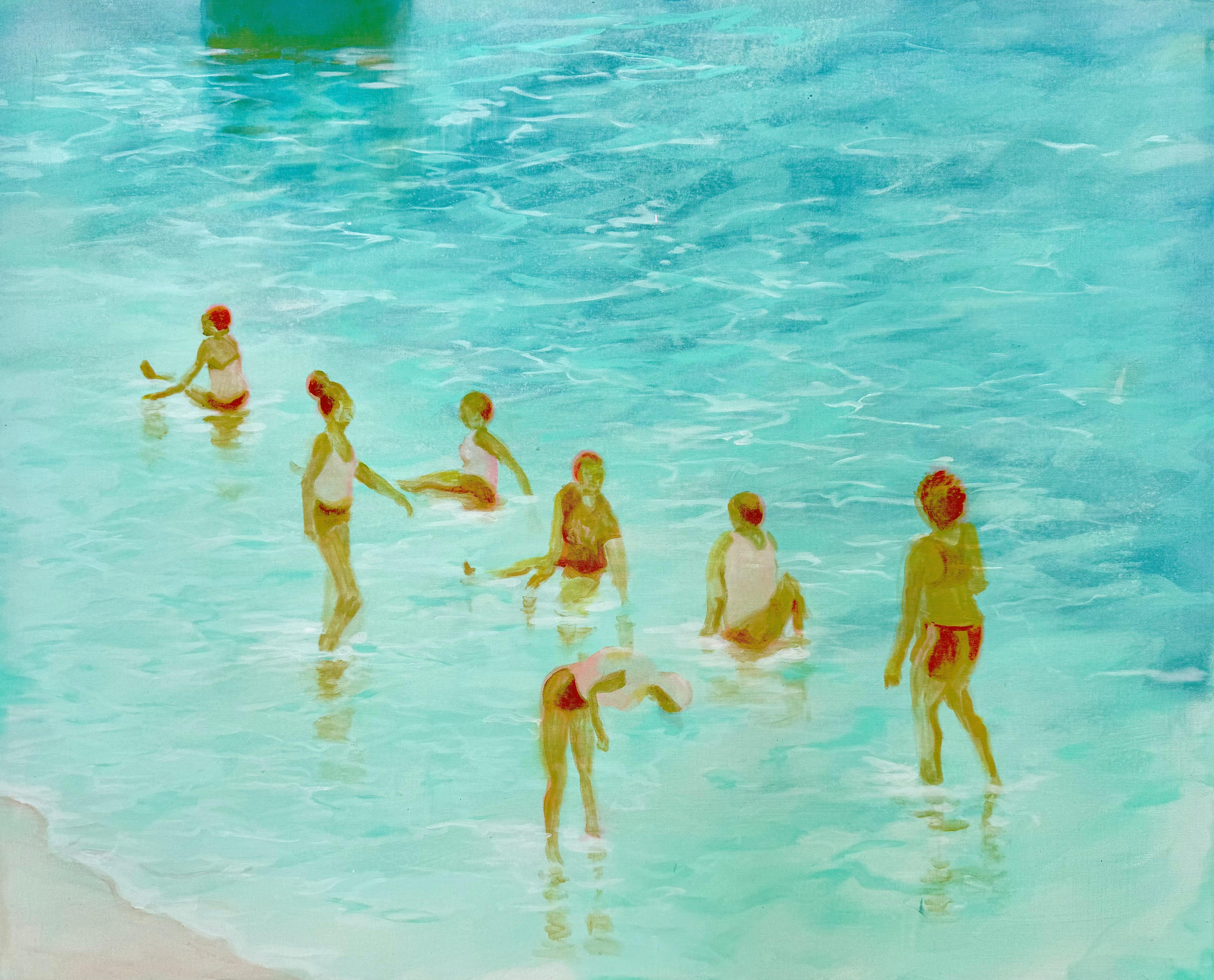 Large Soft Blue Green Ethereal Seaside Figurative Painting "Lapping Time"