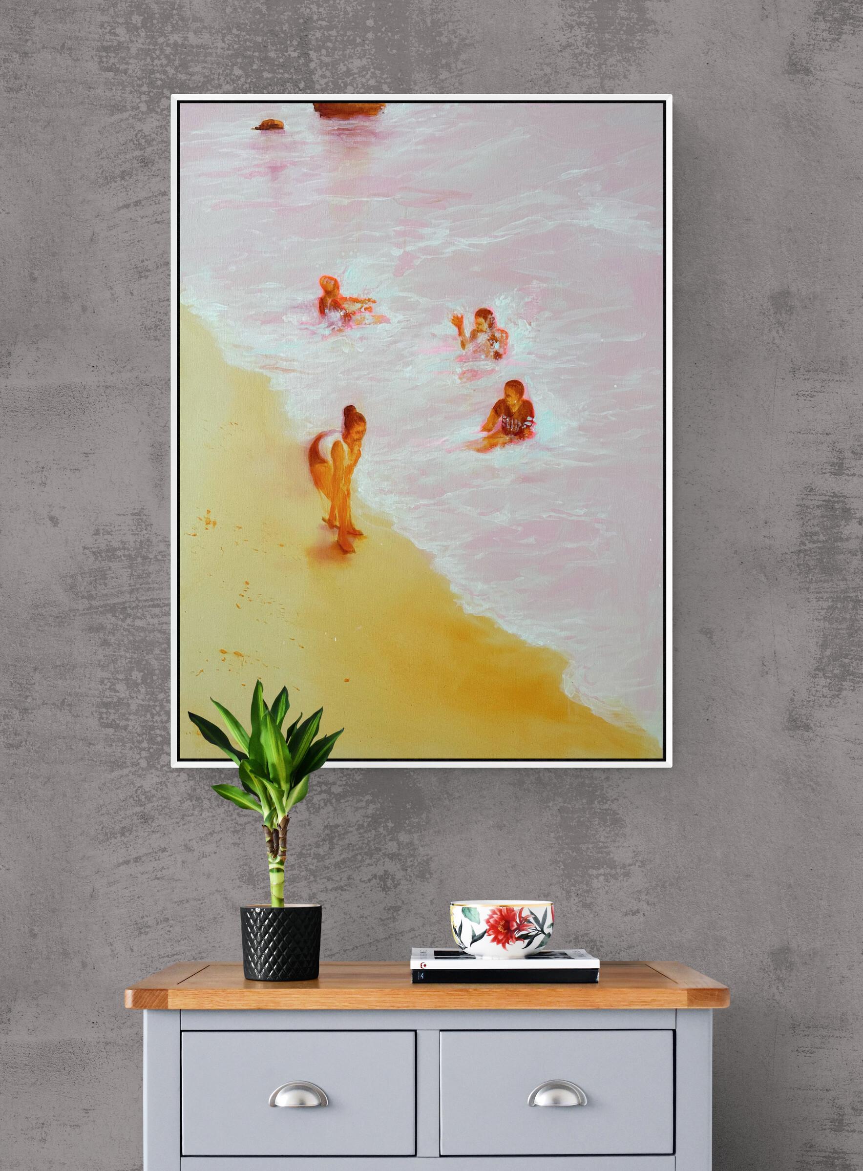 Gran pintura figurativa de colores suaves y etéreos junto al mar 