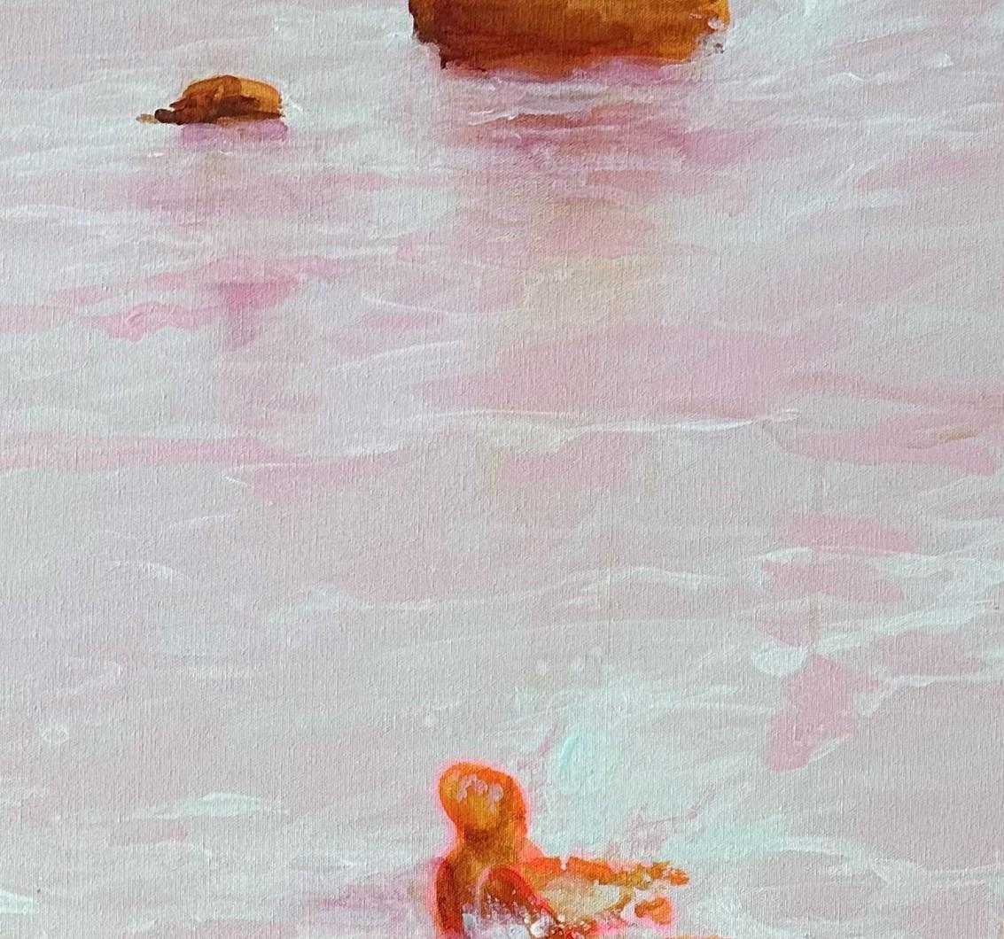 Gran pintura figurativa de colores suaves y etéreos junto al mar 
