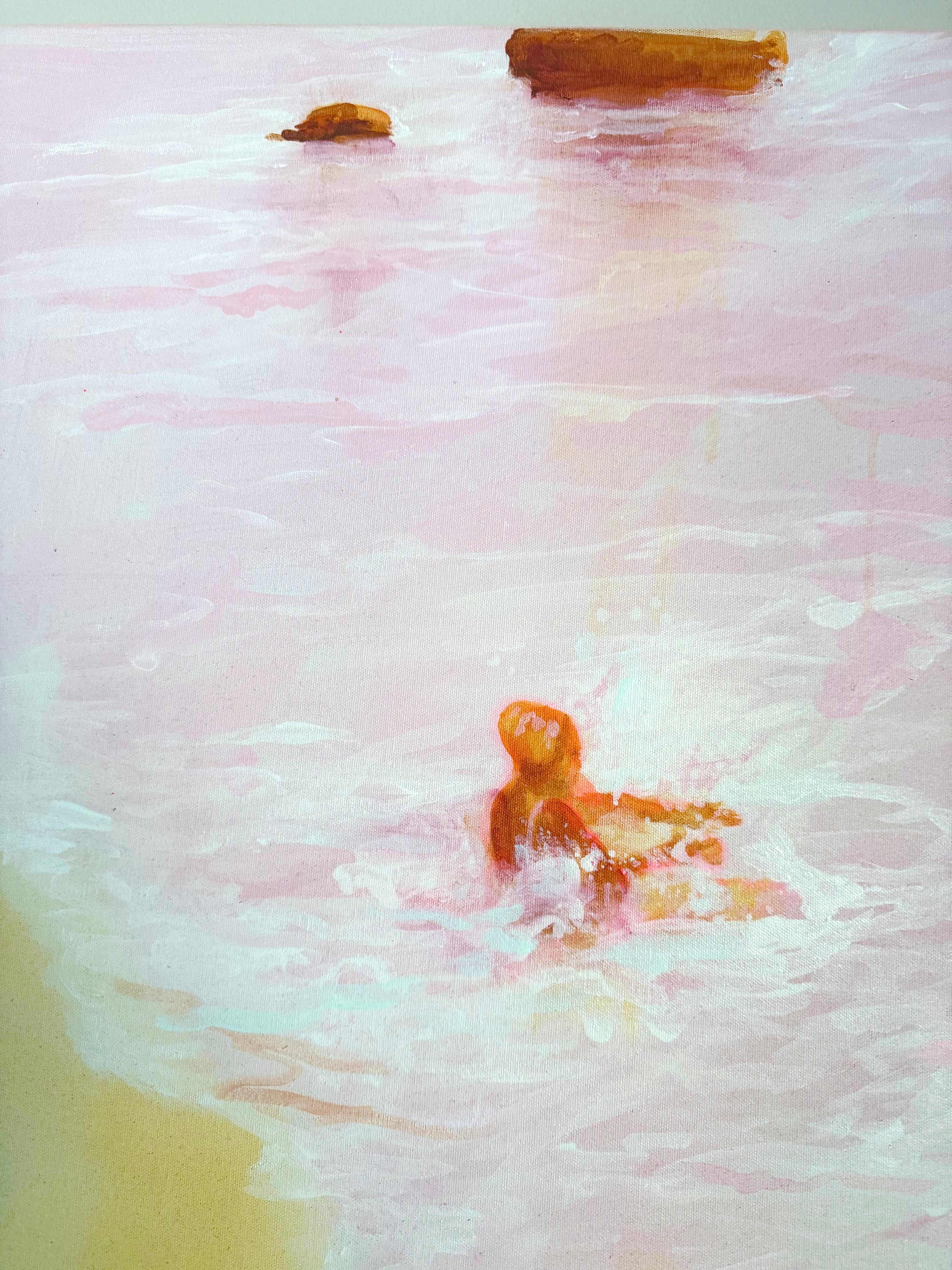 Gran pintura figurativa de colores suaves y etéreos junto al mar 
