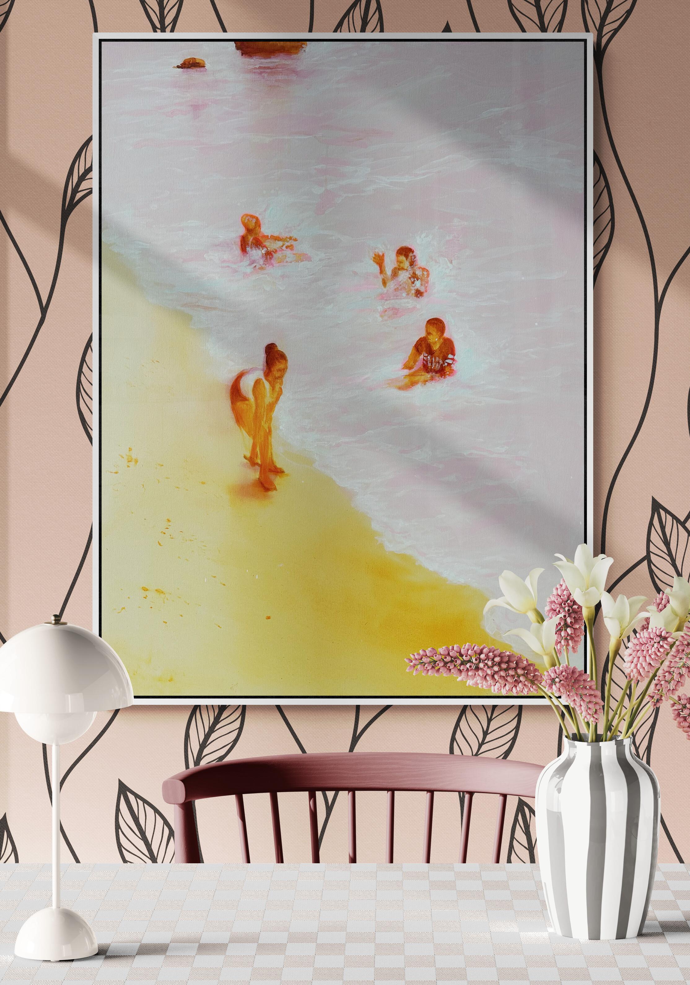 Gran pintura figurativa de colores suaves y etéreos junto al mar 