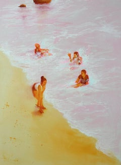 Grande dipinto figurativo marino dai colori tenui ed eterei "Tra flusso e riflusso".