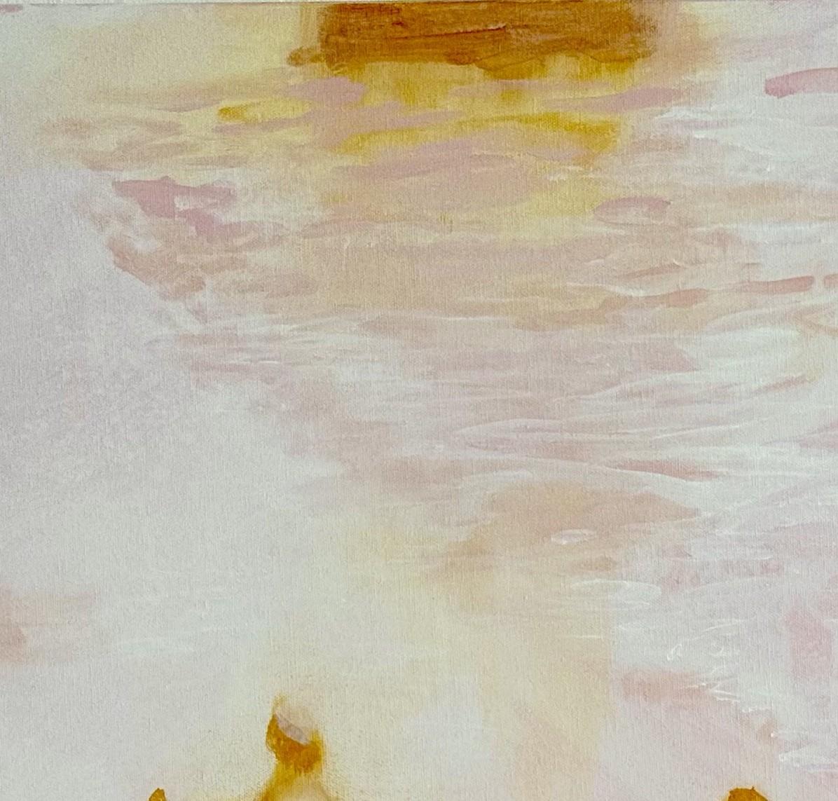Grande dipinto figurativo in riva al mare dai colori tenui ed eterei 