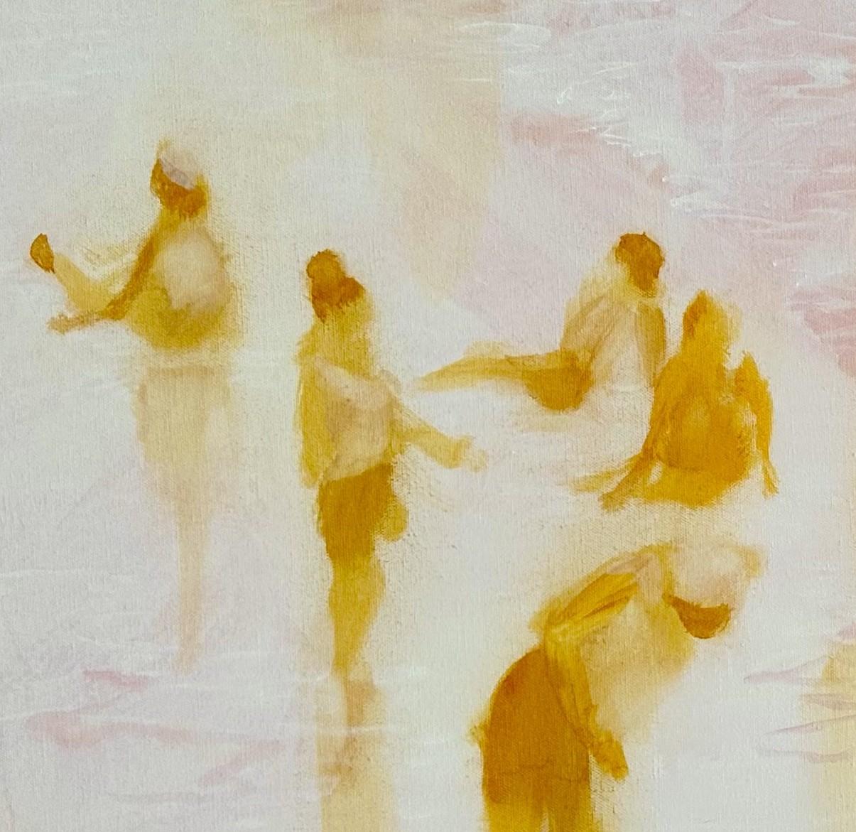 Grande dipinto figurativo in riva al mare dai colori tenui ed eterei 