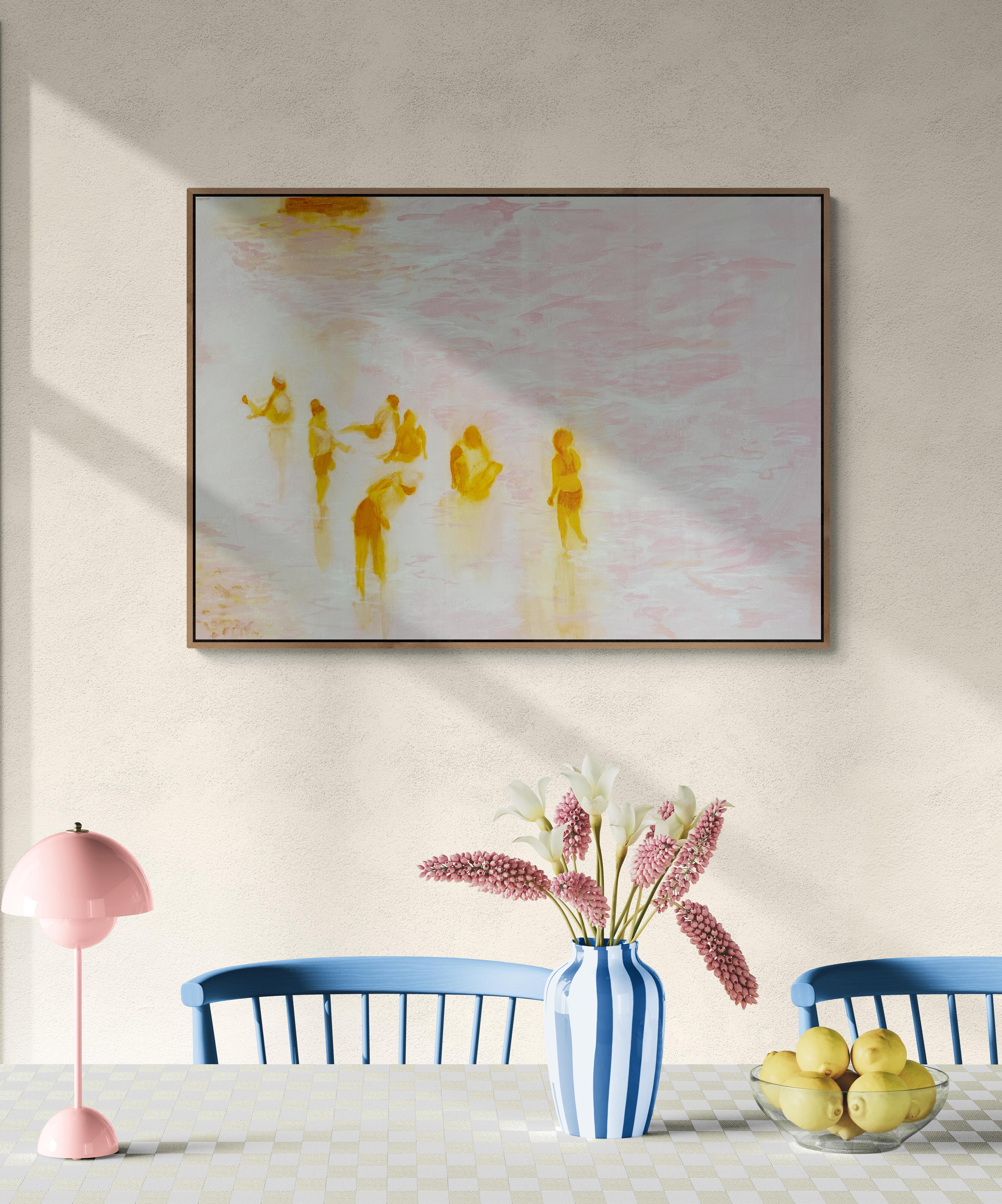 Grande dipinto figurativo in riva al mare dai colori tenui ed eterei 