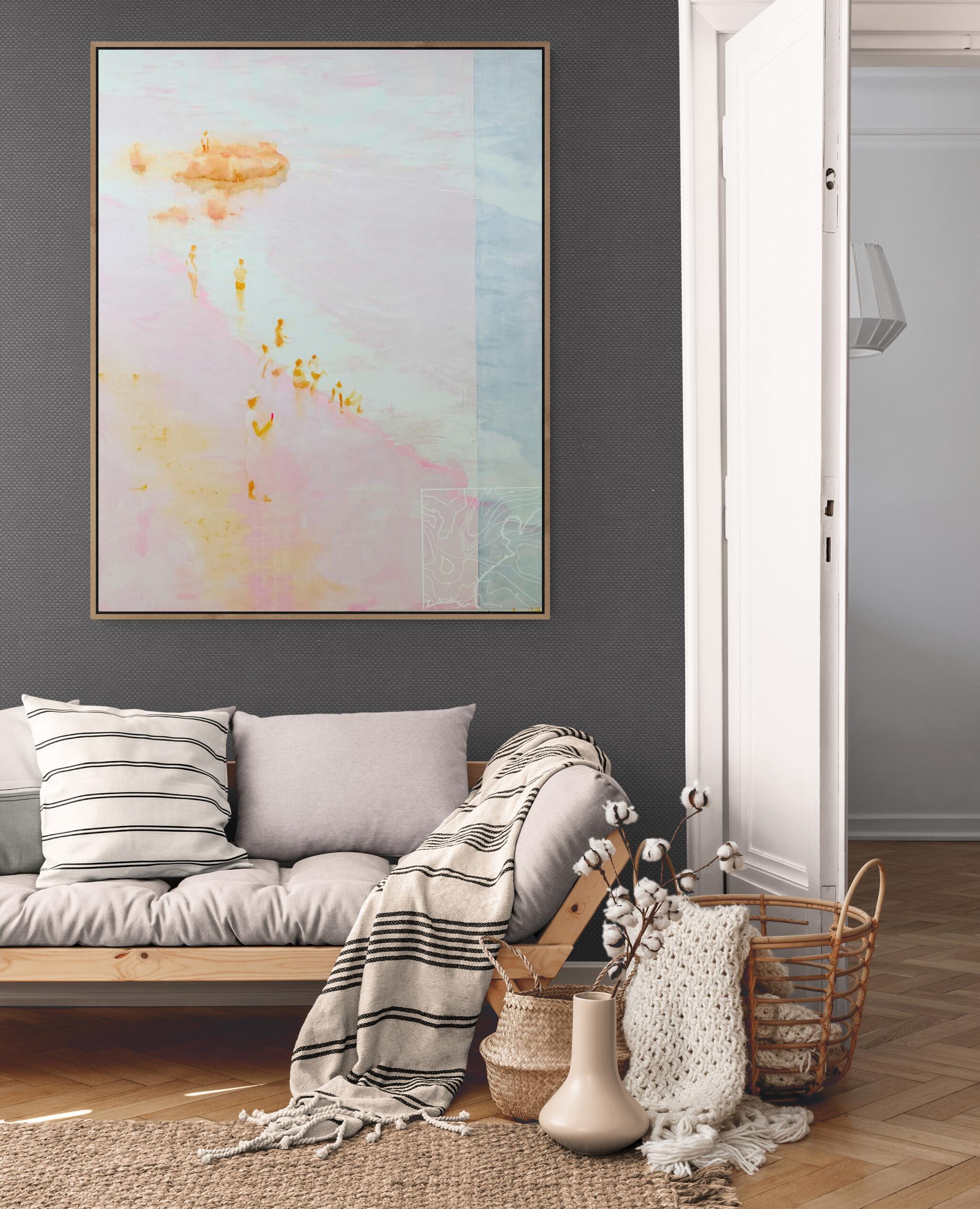 Large Soft Coloured Pink Ethereal Seaside Figurative Painting 