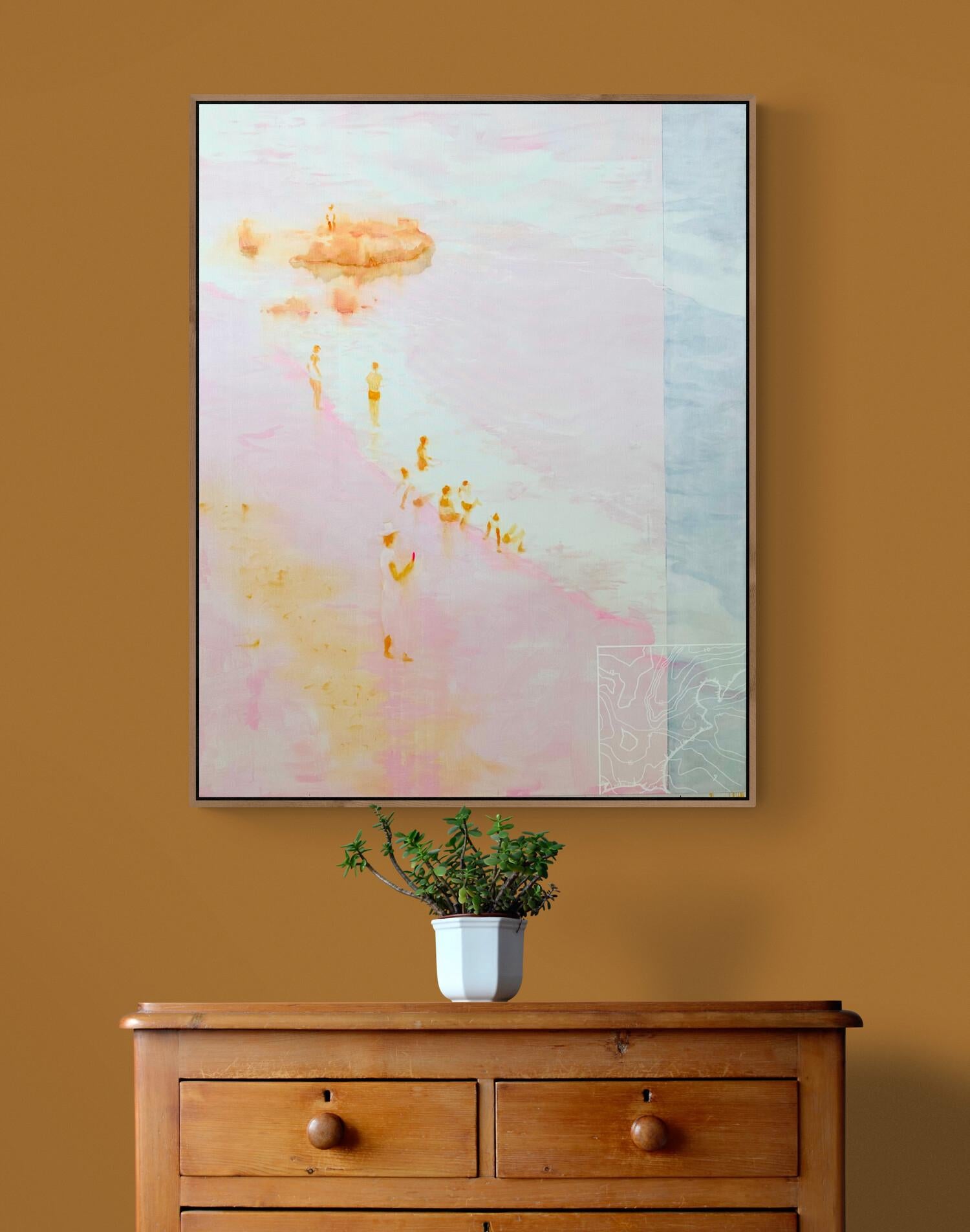 Large Soft Coloured Pink Ethereal Seaside Figurative Painting 