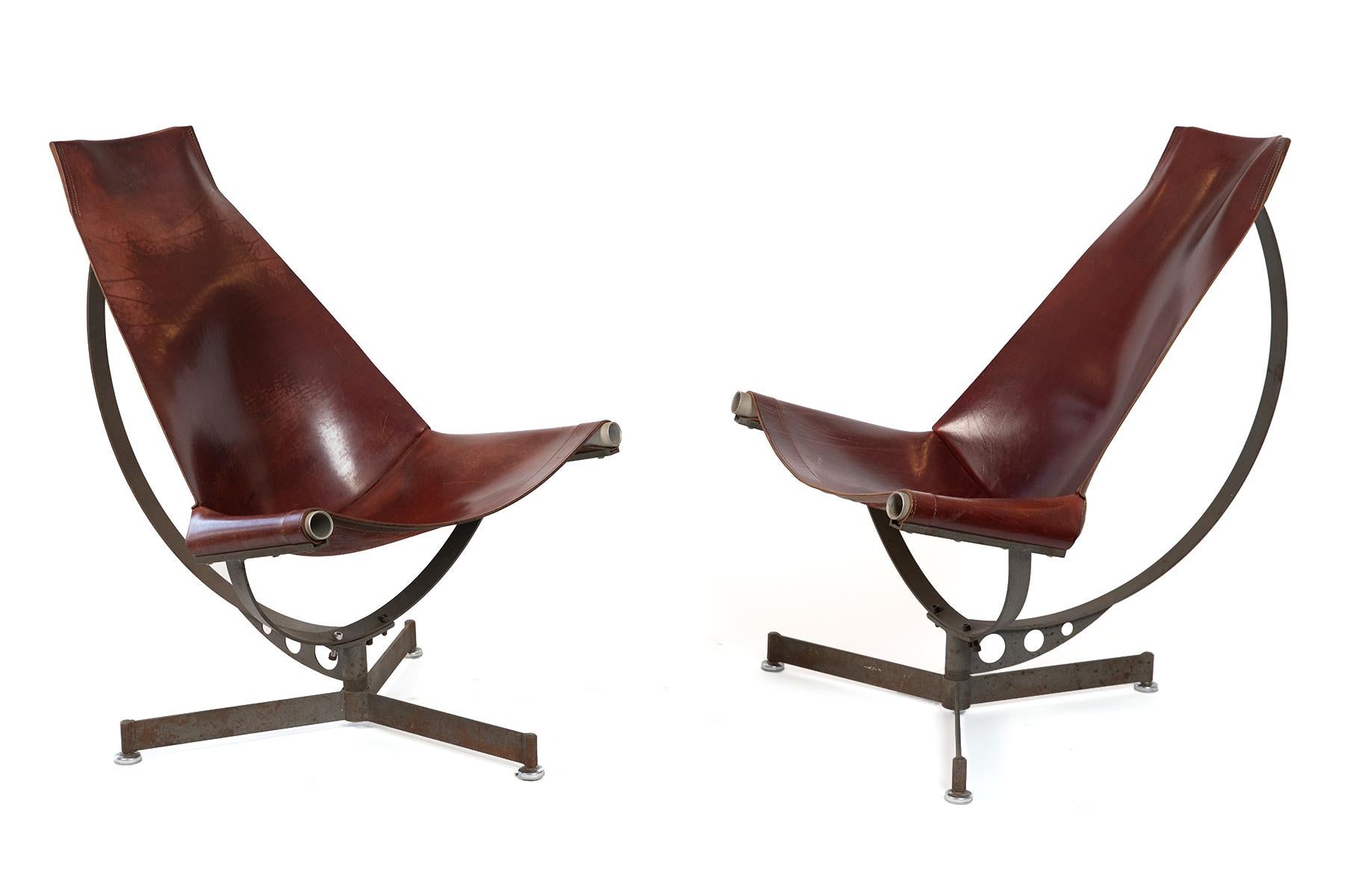 Max Gottschalk Saddle Leather & Iron Sling Chairs In Good Condition In Phoenix, AZ