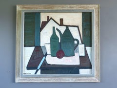Mid-Century Modern Abstraktes Stillleben Ölgemälde - Grüne Gefäße & Hausform