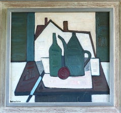 Mid-Century Modern Abstraktes Stillleben Ölgemälde - Grüne Gefäße & Hausform