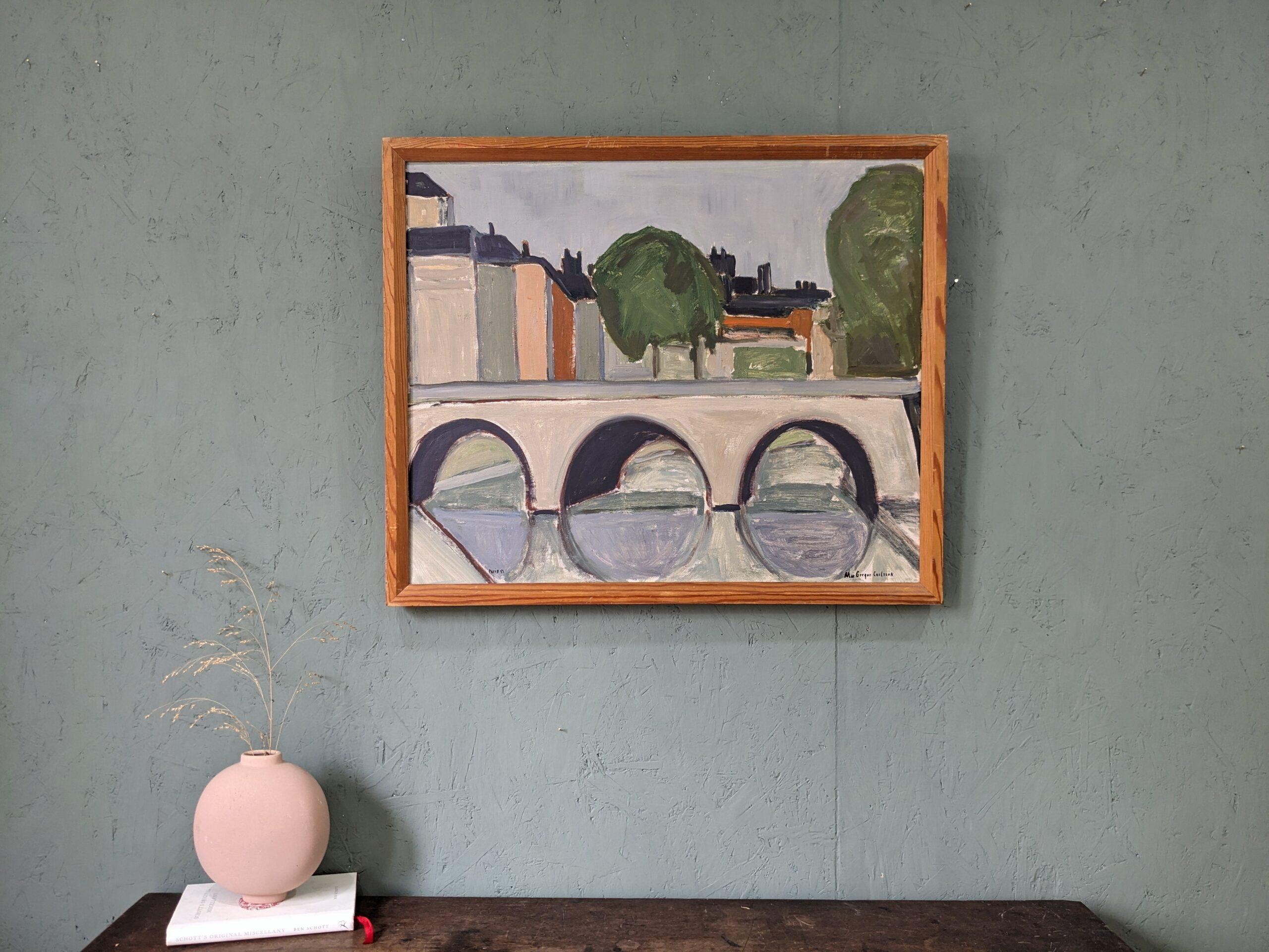 Peinture à l'huile suédoise encadrée moderne du milieu du siècle dernier - Rue parisienne 8