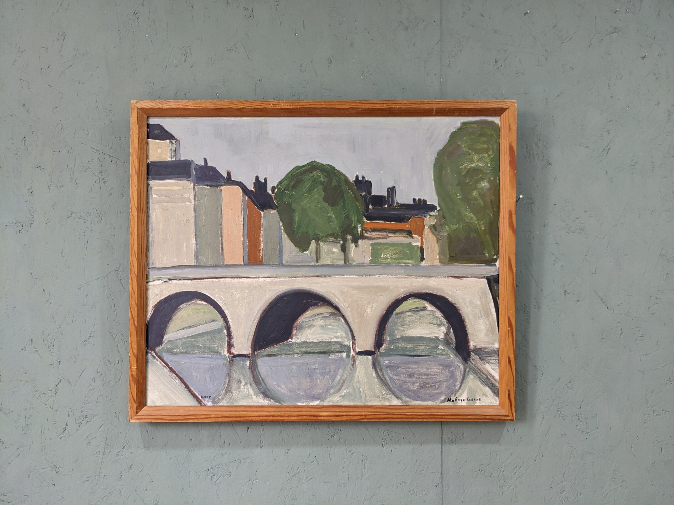 Peinture à l'huile suédoise encadrée moderne du milieu du siècle dernier - Rue parisienne - Painting de Max Gregor Carlsson