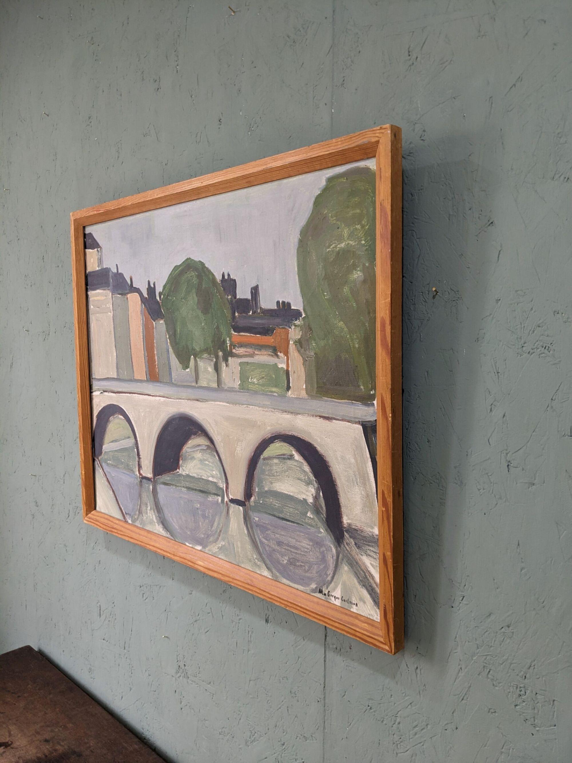 Peinture à l'huile suédoise encadrée moderne du milieu du siècle dernier - Rue parisienne - Marron Landscape Painting par Max Gregor Carlsson