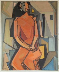 Mid Century Modern Vintage Original Figurative Oil Painting - Cubist Study