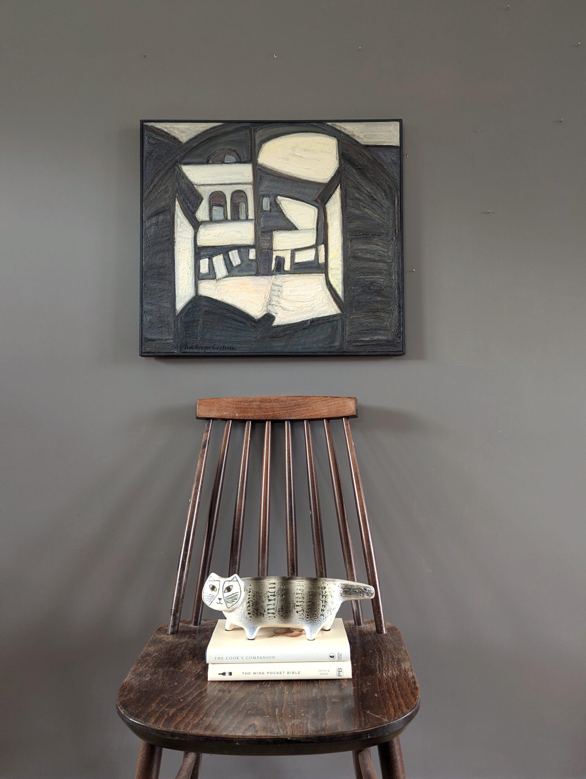 Pintura al óleo abstracta de mediados de siglo para interiores - Casa en blanco y negro - Painting de Max Gregor Carlsson