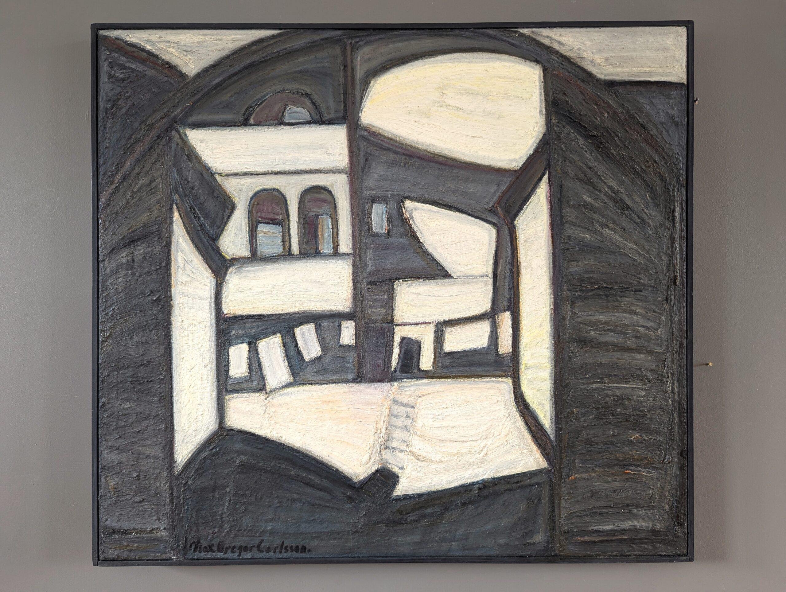 Pintura al óleo abstracta de mediados de siglo para interiores - Casa en blanco y negro - Painting Moderno de Max Gregor Carlsson