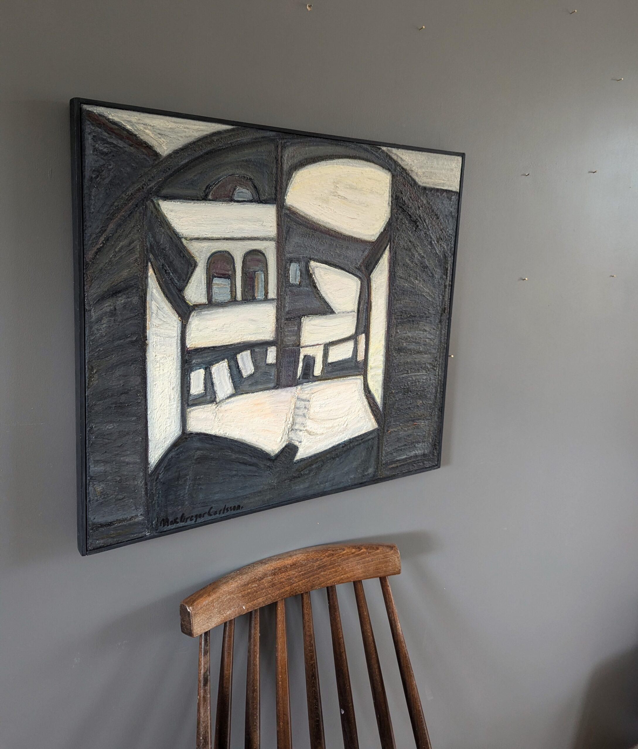 Pintura al óleo abstracta de mediados de siglo para interiores - Casa en blanco y negro - Abstract Painting Negro de Max Gregor Carlsson