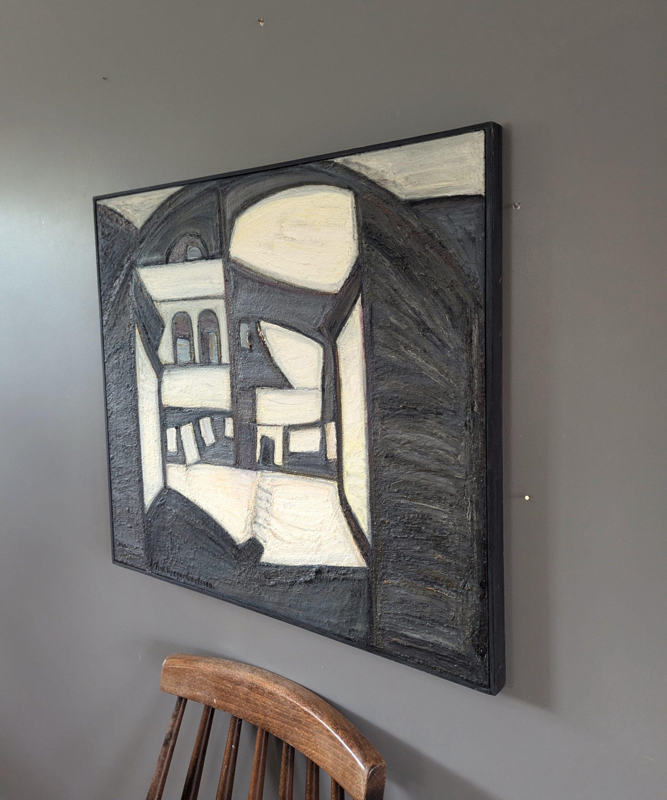 CASA EN BLANCO Y NEGRO
Tamaño: 47 x 52 cm (incluido el marco)
Óleo sobre lienzo

Una composición al óleo modernista de brillante ejecución y rica textura, pintada por el consagrado artista sueco Max Gregor Carlsson (1914-1996), cuyas obras se han