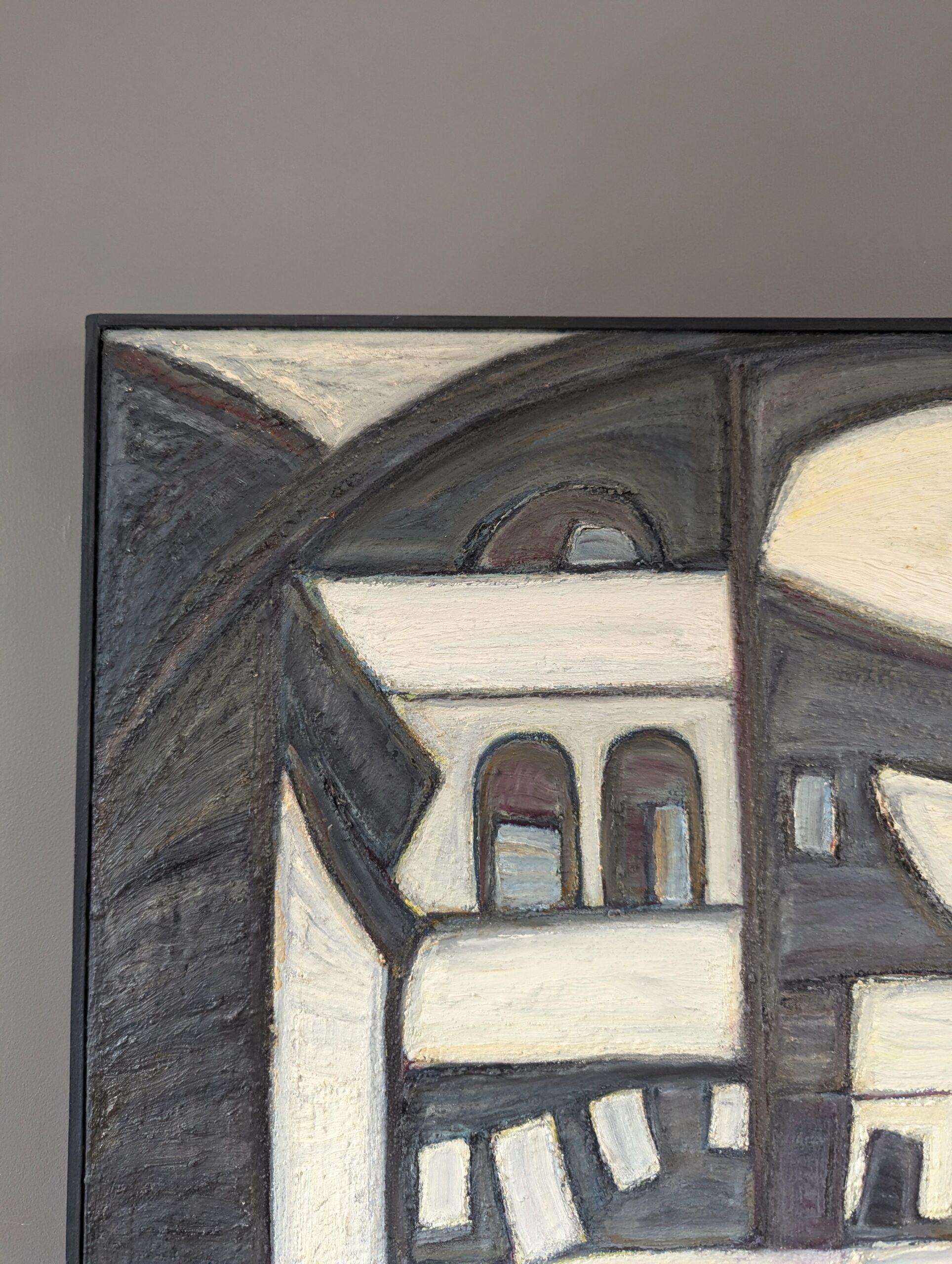 Pintura al óleo abstracta de mediados de siglo para interiores - Casa en blanco y negro 1