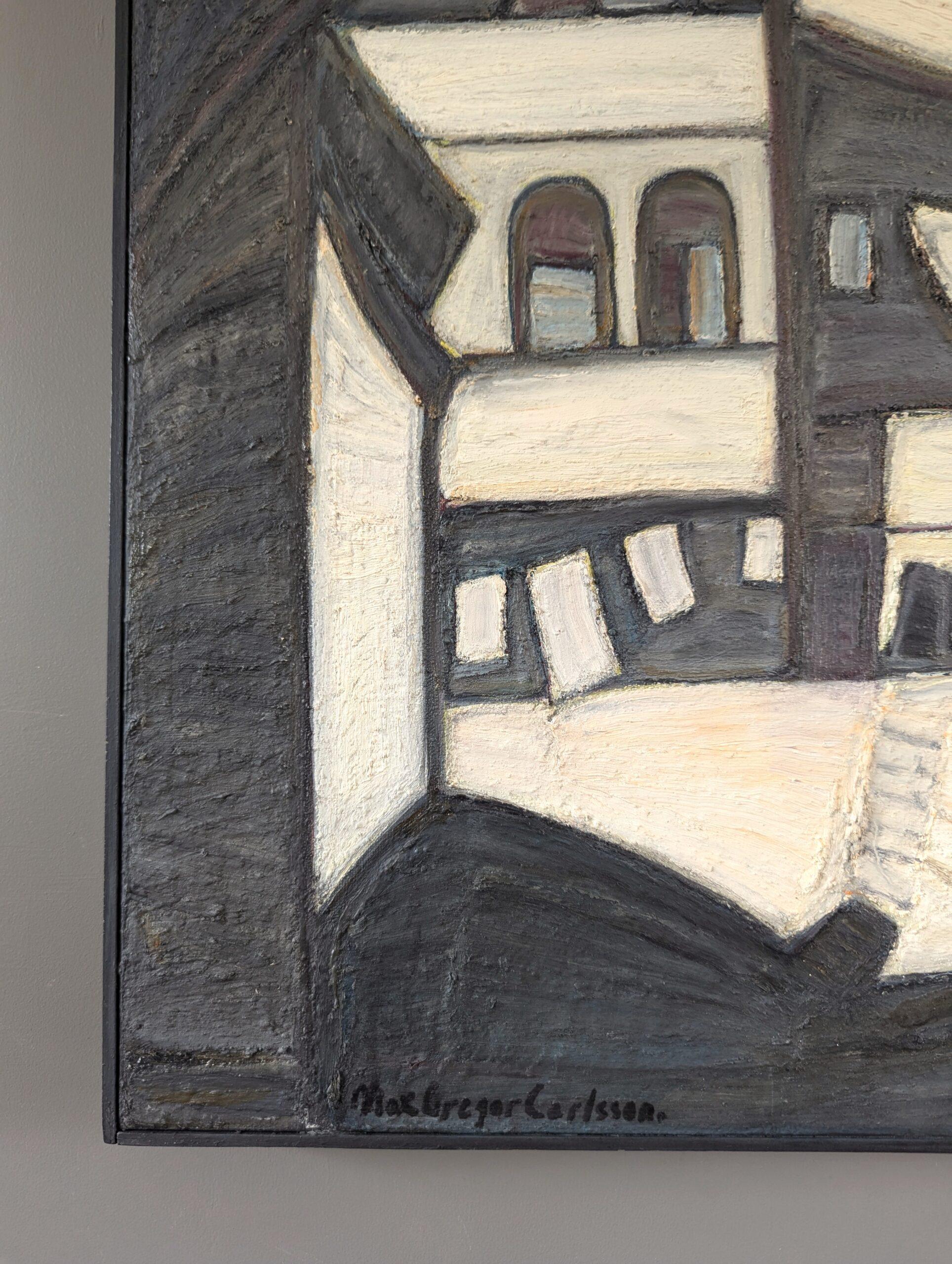 Pintura al óleo abstracta de mediados de siglo para interiores - Casa en blanco y negro 2