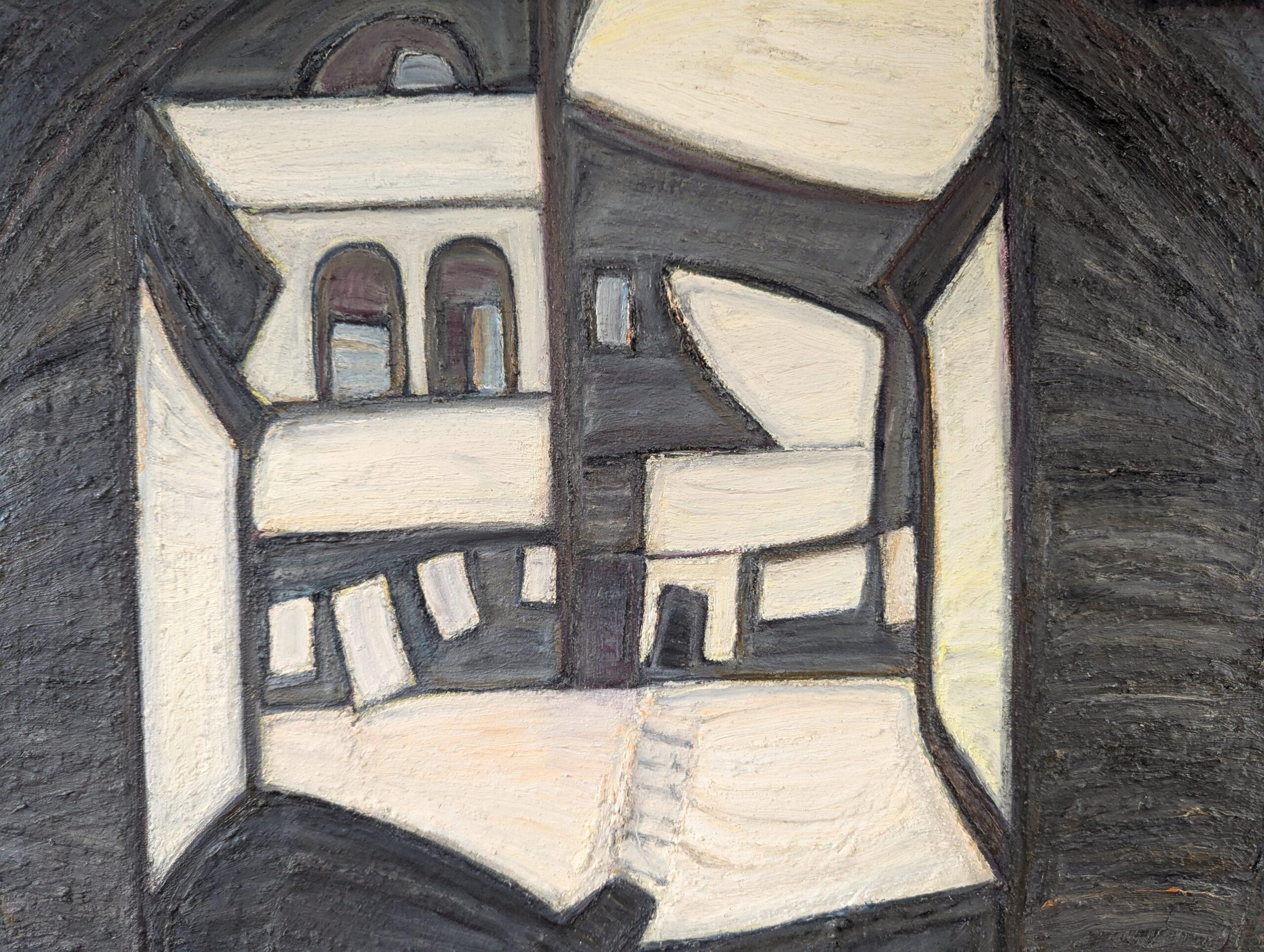 Pintura al óleo abstracta de mediados de siglo para interiores - Casa en blanco y negro 3