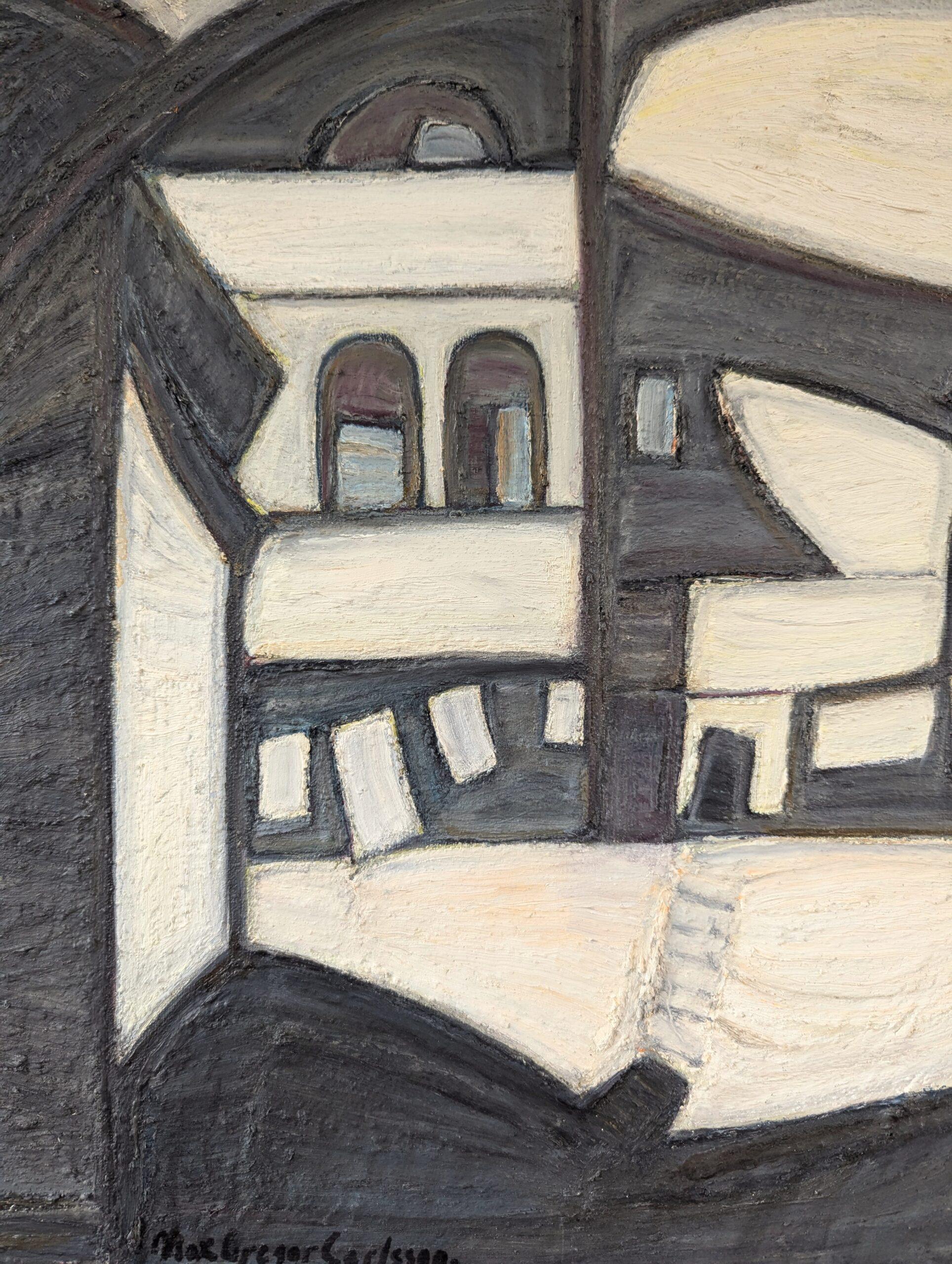 Pintura al óleo abstracta de mediados de siglo para interiores - Casa en blanco y negro 4