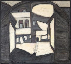 Vintage Mid-Century Modern Abstract Interior Oil Painting - Casa in bianco e nero