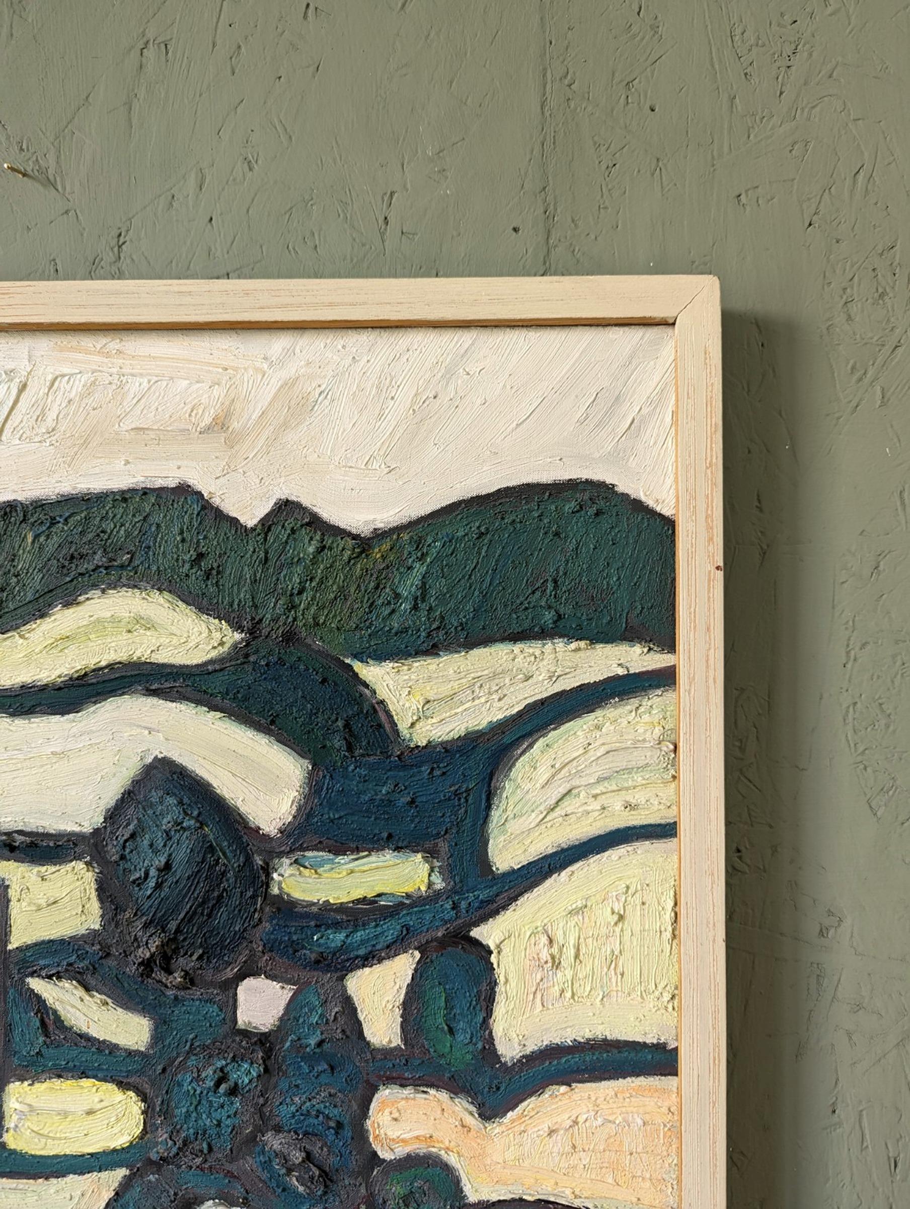 Vintage Mid-Century Modern Abstract Landscape Oil Painting - Green Contours 6