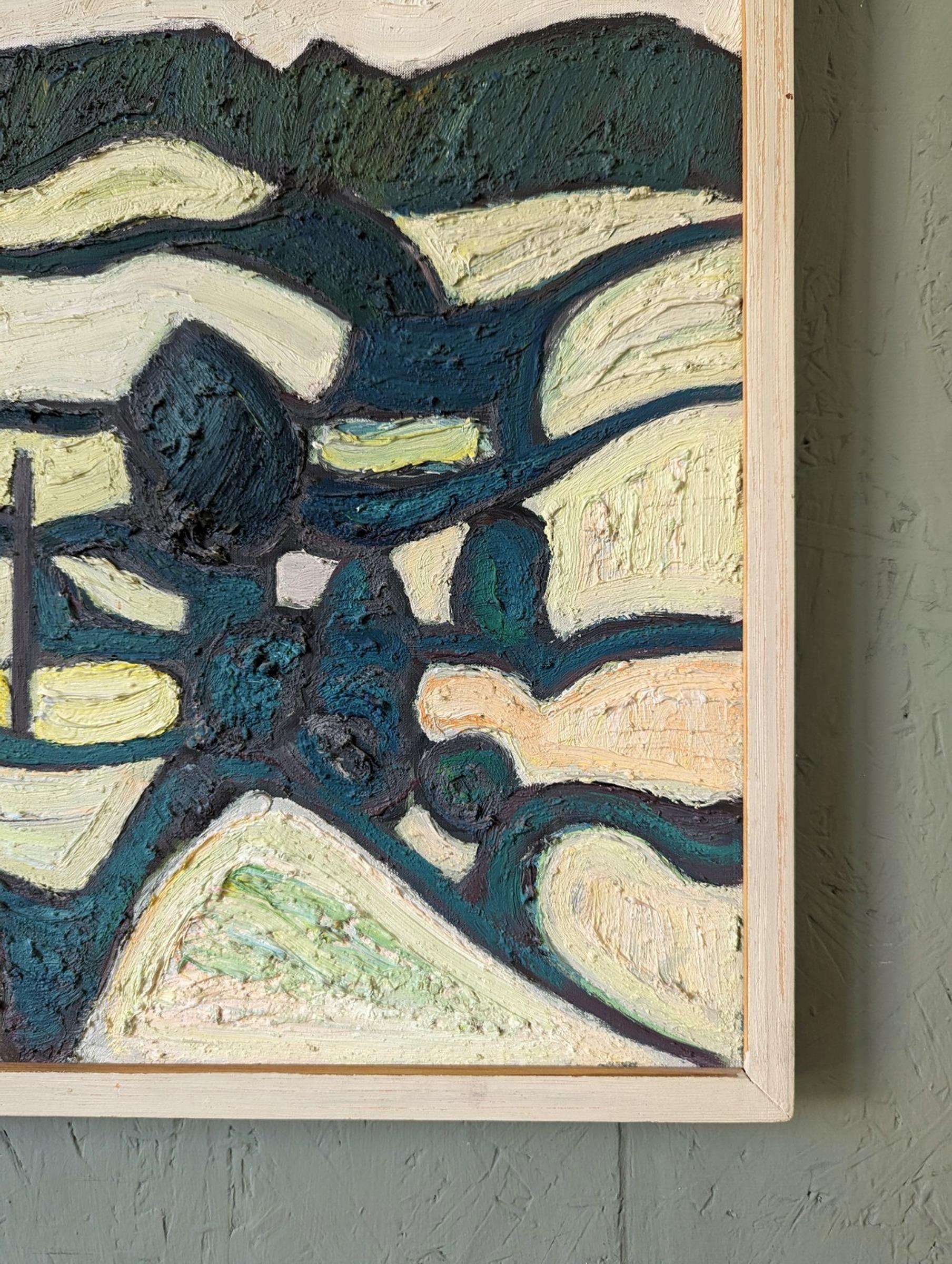 Vintage Mid-Century Modern Abstract Landscape Oil Painting - Green Contours 7