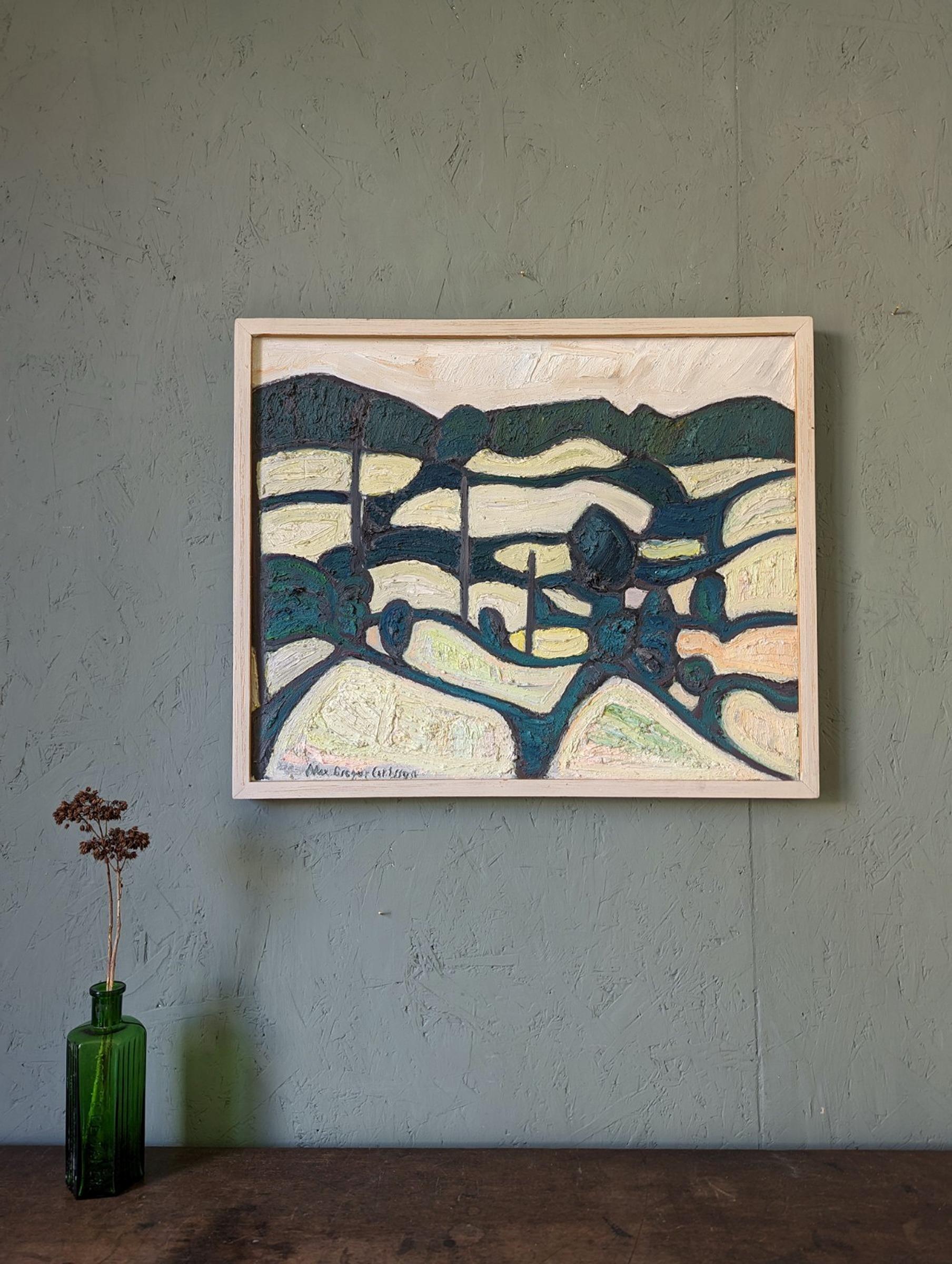 Vintage Mid-Century Modern Abstract Landscape Oil Painting - Green Contours 8