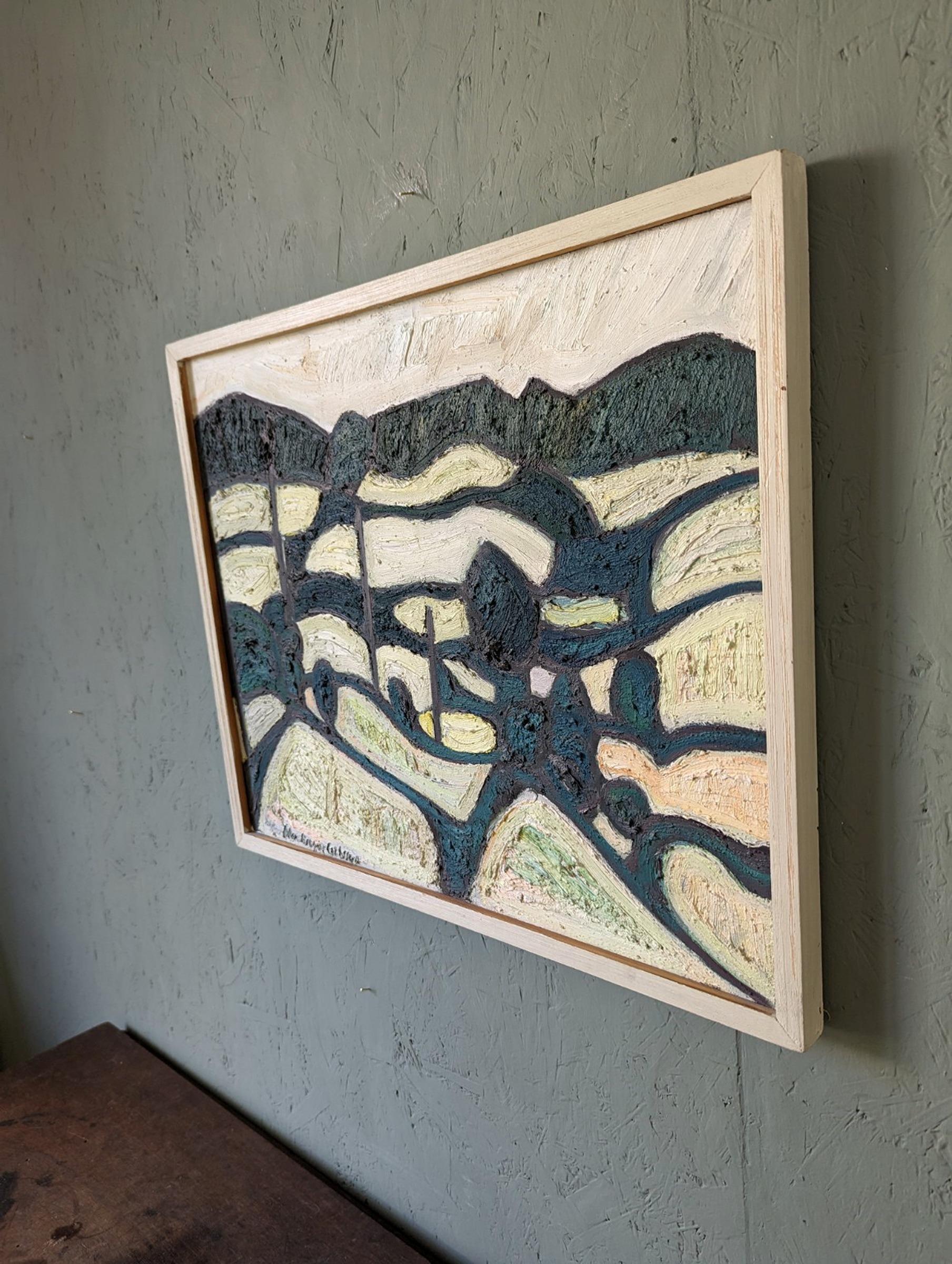 GREEN CONTOURS
Oil on Canvas
Size:  43.5 x 52 cm (including frame)

A brilliantly executed and richly textured modernist landscape oil composition, signed by the established Swedish artist Max Gregor Carlsson (1914-1996), whose works have been