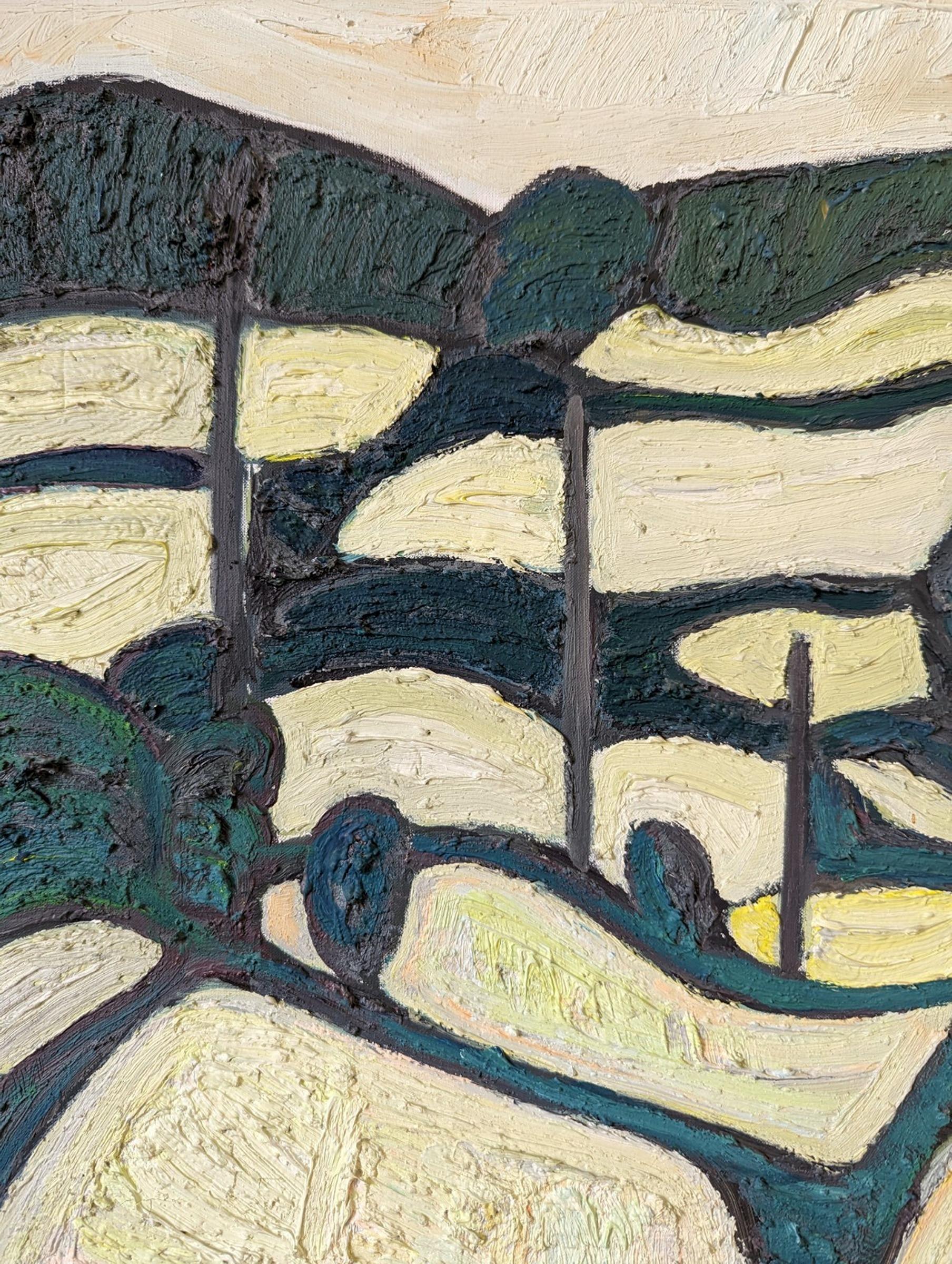 Vintage Mid-Century Modern Abstract Landscape Oil Painting - Green Contours 1