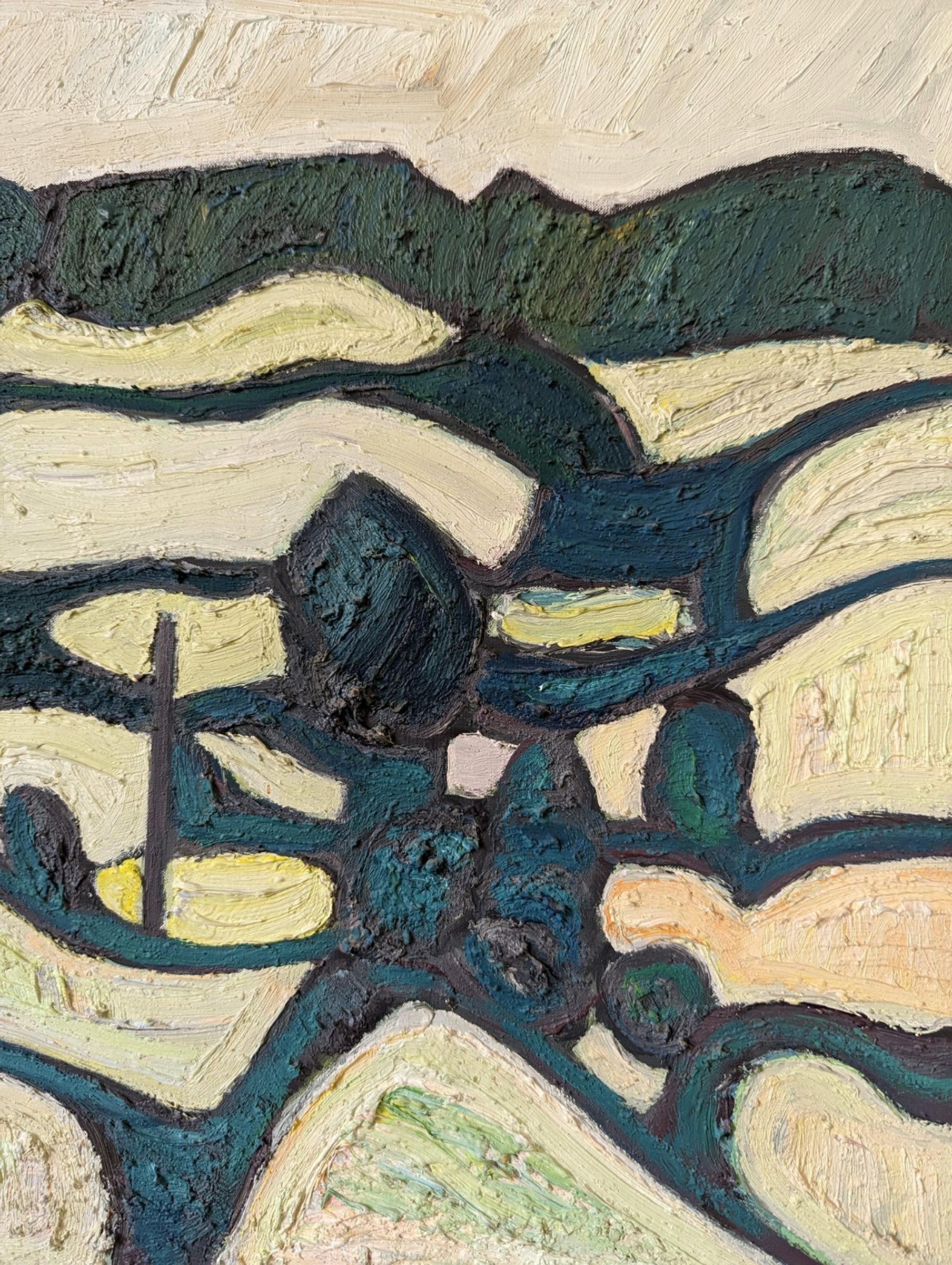 Vintage Mid-Century Modern Abstract Landscape Oil Painting - Green Contours 2