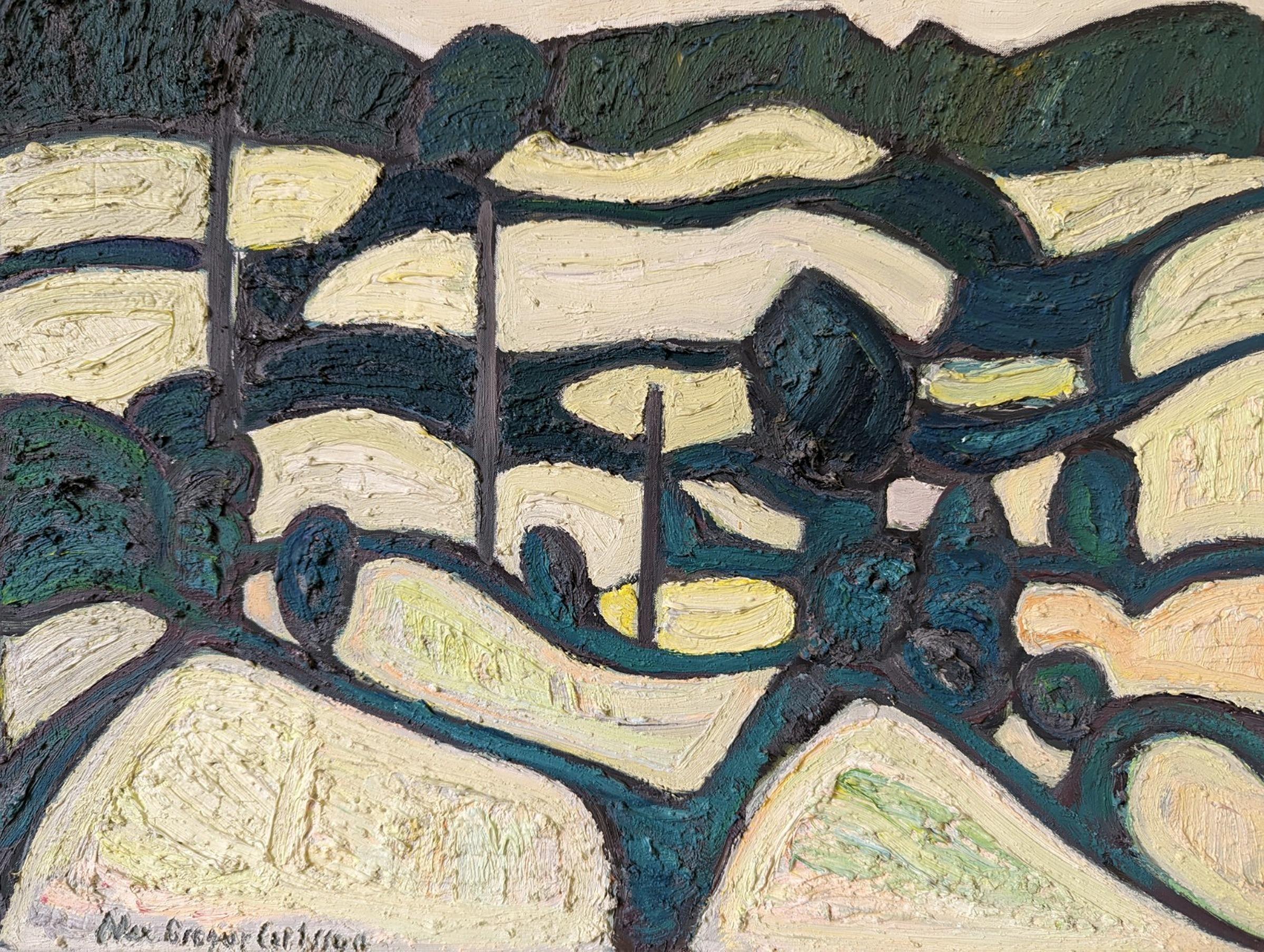 Vintage Mid-Century Modern Abstract Landscape Oil Painting - Green Contours 3