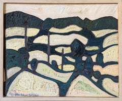 Vintage Mid-Century Modern Abstract Landscape Oil Painting - Green Contours