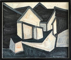 Pittura ad olio cubista astratta svedese d'epoca della metà del secolo scorso - Capanne in ombra