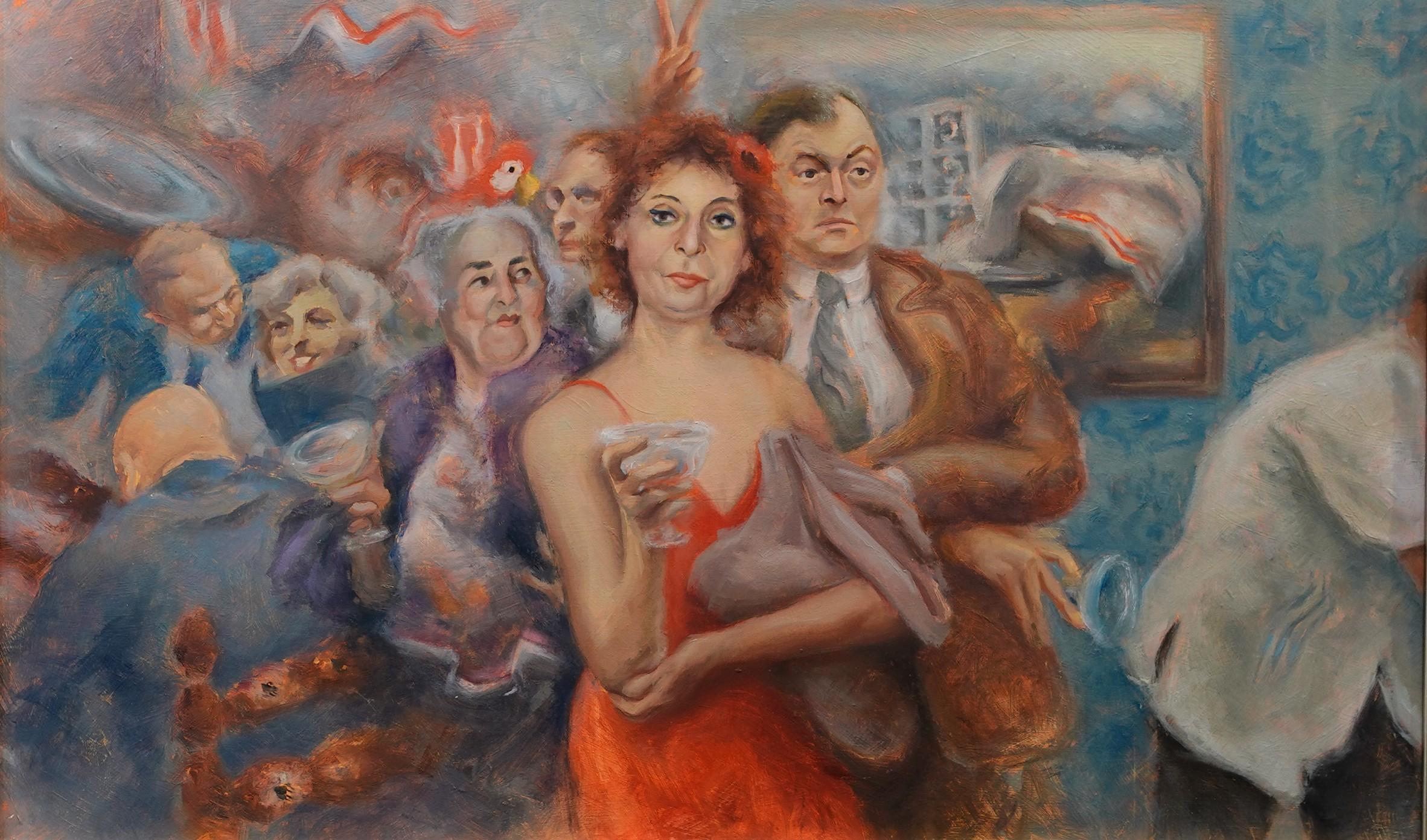 Cocktails (d'après Rosemary Mahoney) Scène d'intérieur Personnes Restaurant Texas Artiste - Painting de  Max Guarnaccia