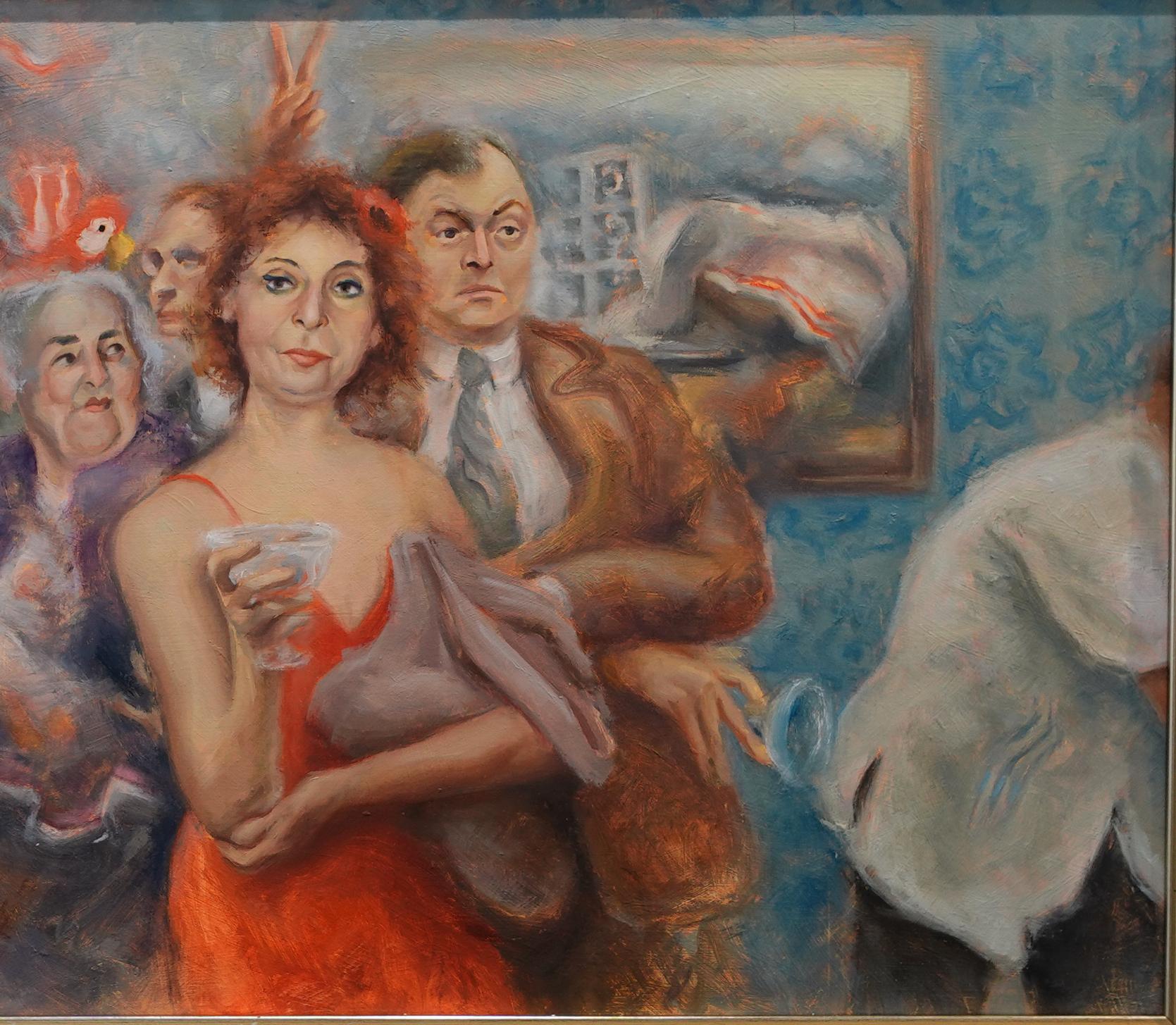 Cocktails (d'après Rosemary Mahoney) Scène d'intérieur Personnes Restaurant Texas Artiste - Impressionnisme américain Painting par  Max Guarnaccia