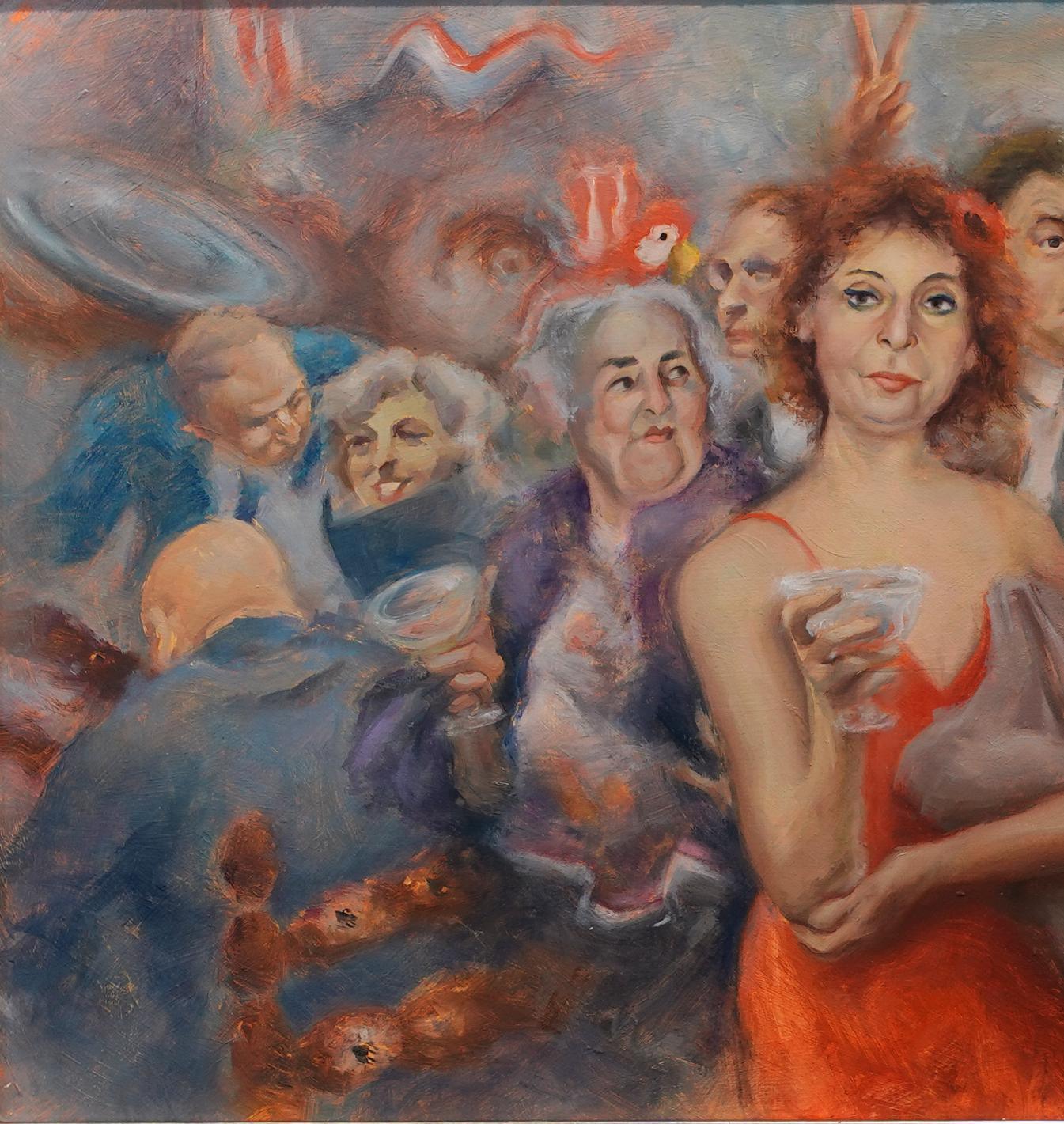 Cocktails (d'après Rosemary Mahoney) Scène d'intérieur Personnes Restaurant Texas Artiste - Gris Still-Life Painting par  Max Guarnaccia